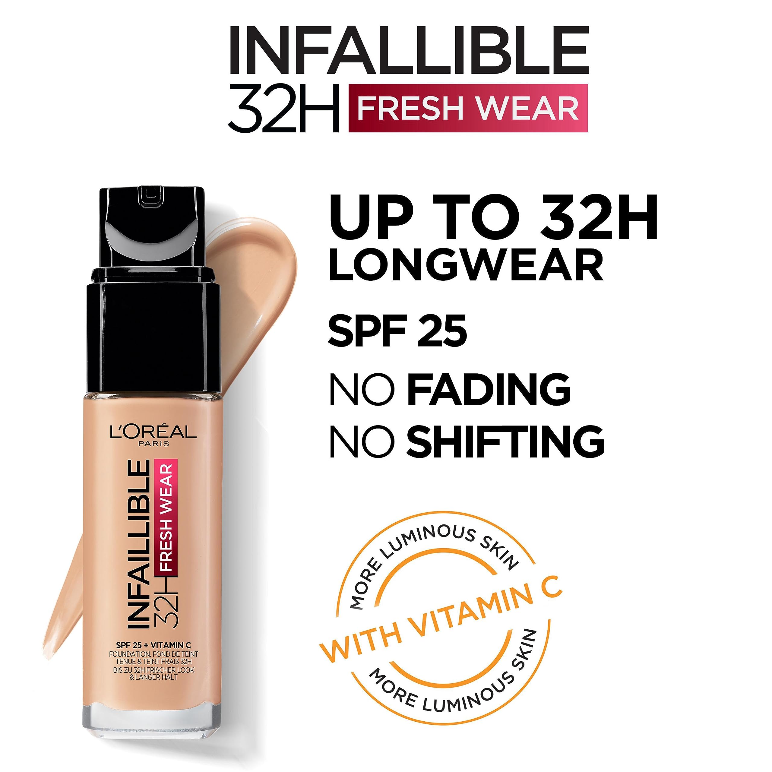 L' Oreal Infallible 24hr Freshwear fondotinta liquido, 125 Natural Rose, 30ml (Confezione da 2)