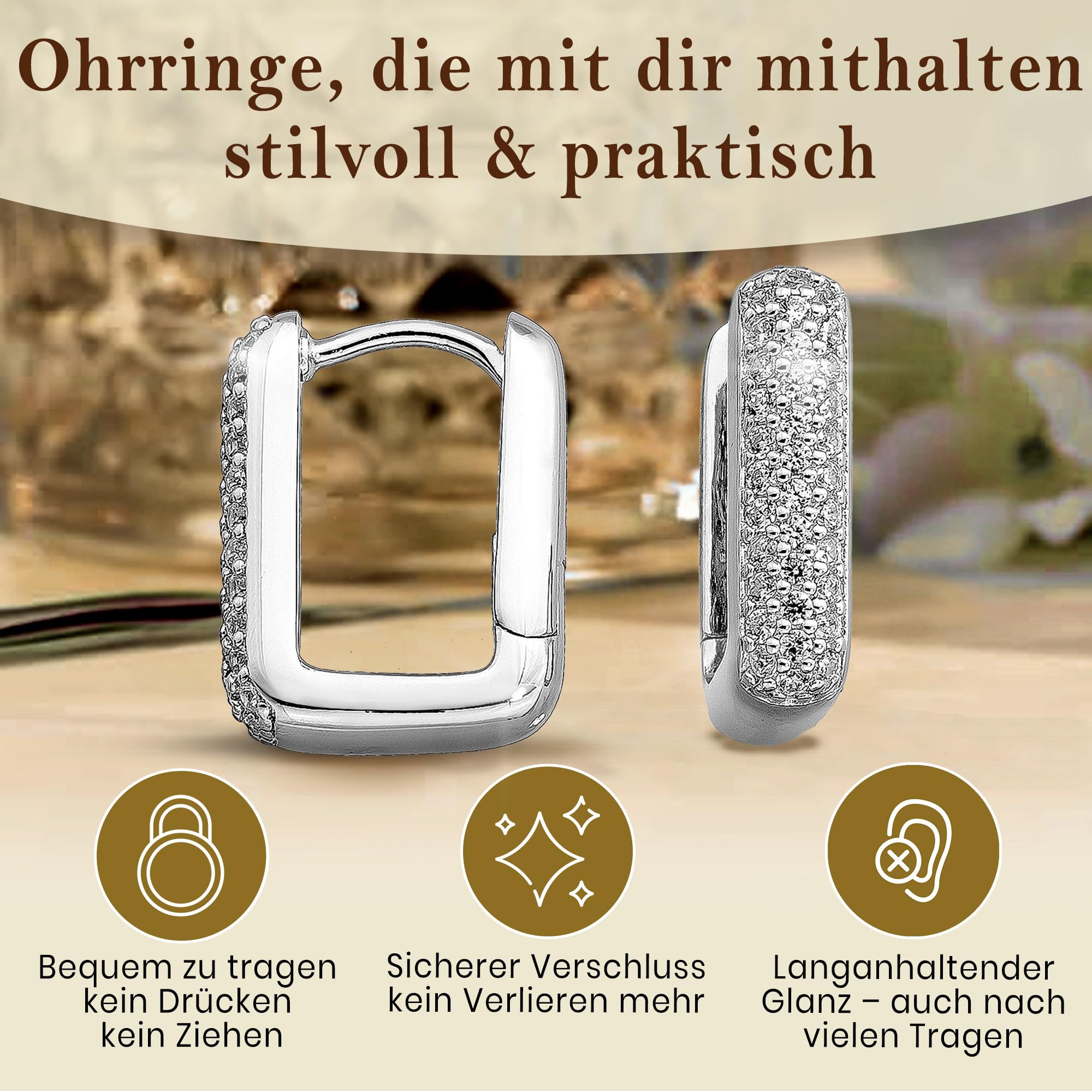 CASSINI Rechteckige Ohrringe 925 Sterling Silber – Creolen Silber 925 Klein mit Zirkonia Steinen, Ohrringe Allergiefrei aus 925 Sterling Silber & Vergoldet, Nickelfreier Schmuck für Damen