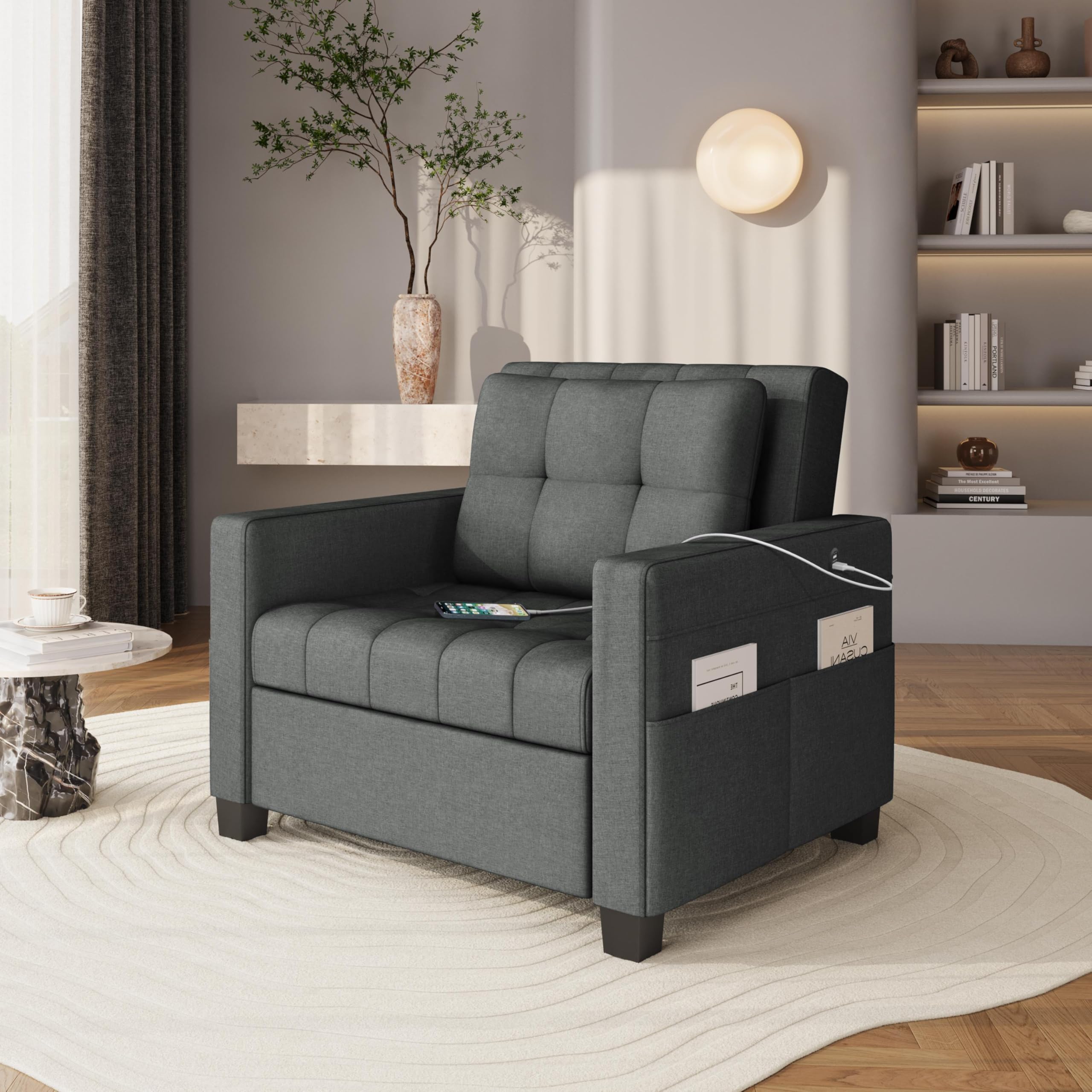 Yaheetech Convertible Futon Sofa Bed 3-in-1 Sleeper Chair Bed Tufted Couch with Adjustable Backrest, 2 USB Ports for Living Room Bedroom Small Space, Dark Gray