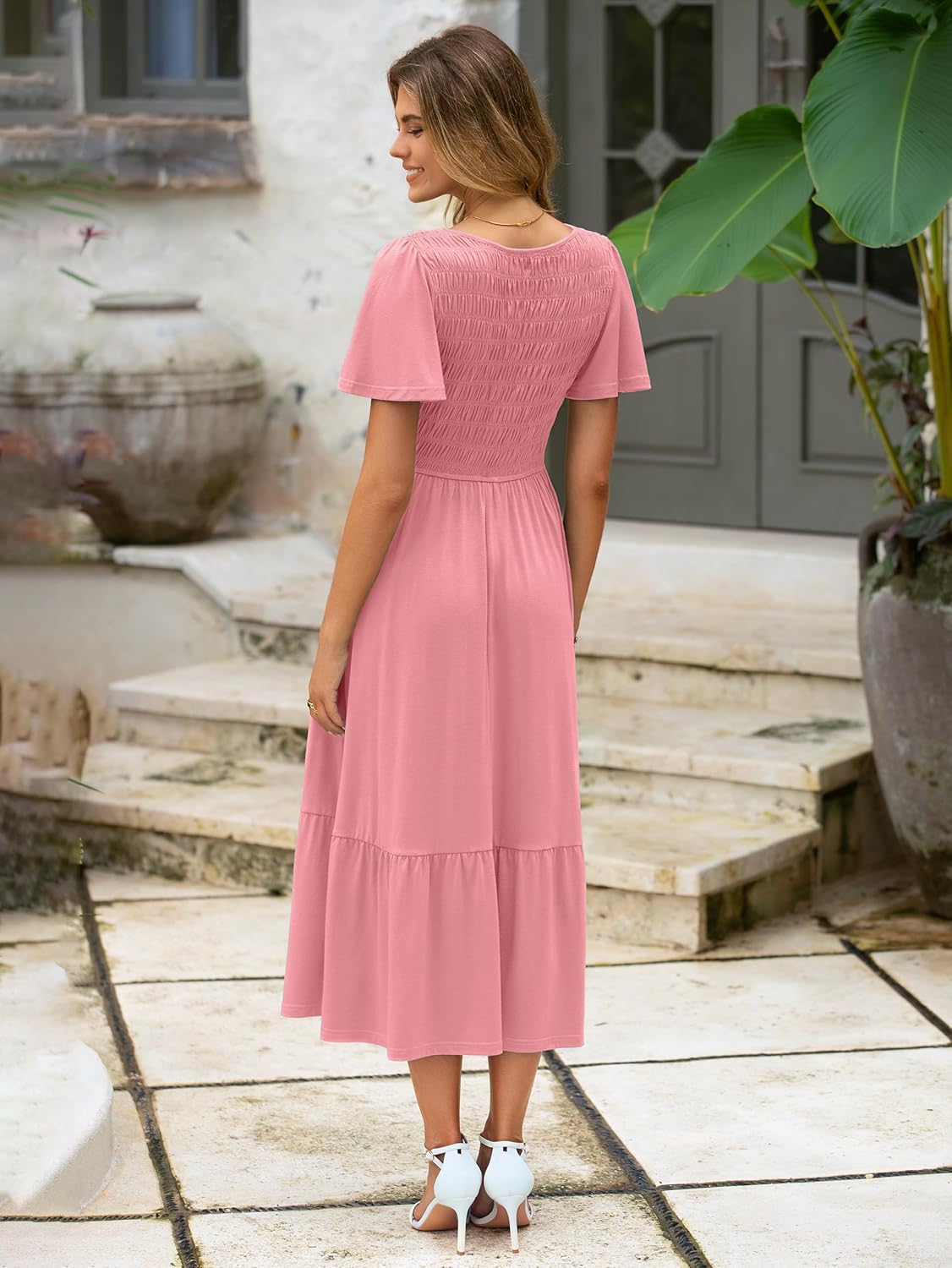 Simplee Womens Summer Smocked Flowy Dress - Casual Flutter Sleeve Tiered Boho Maxi Dresses with Pockets - Image 6