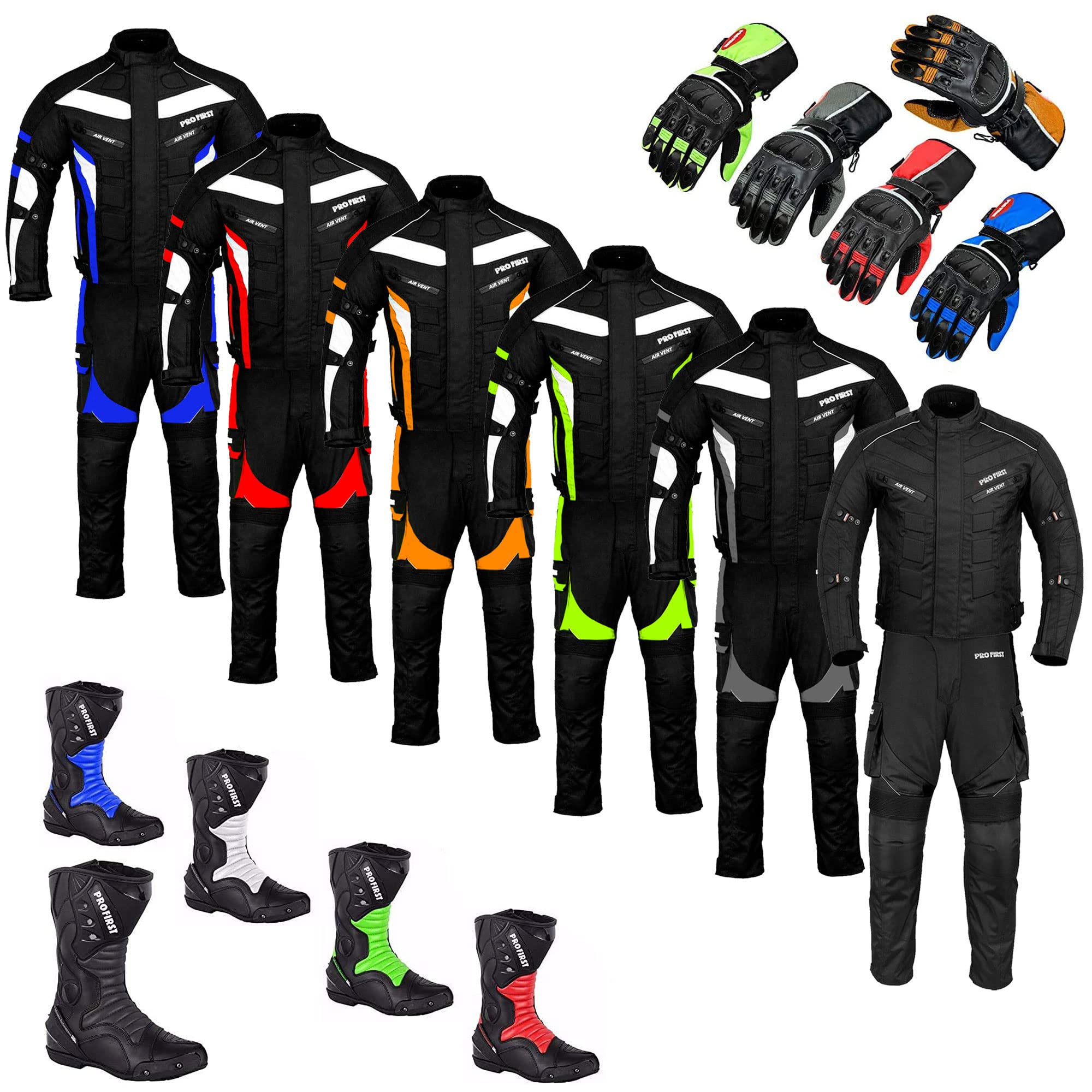 Rex Motorbike Suit Waterproof 2 Piece Suit Rider Bike Motorcycle Jacket, Trouser, Boots & Gloves Fully Protected Suit CE Armour All Weather for Mens