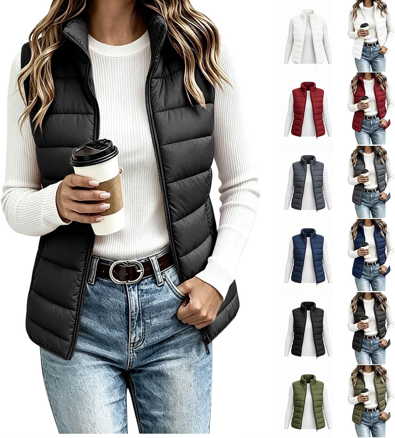 Womens Winter Warm Quilted Sleeveless Zip Up Cropped Puffer Vest