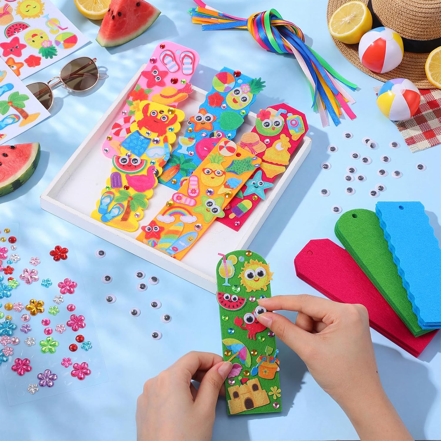 Capoda Summer Bookmark Craft Kits Felt DIY Make Your Own Bookmark with Tropical Fruits Pool Beach Foam Stickers for Classroom Activities Reading Camping Reward Party Favors (36,Summer)