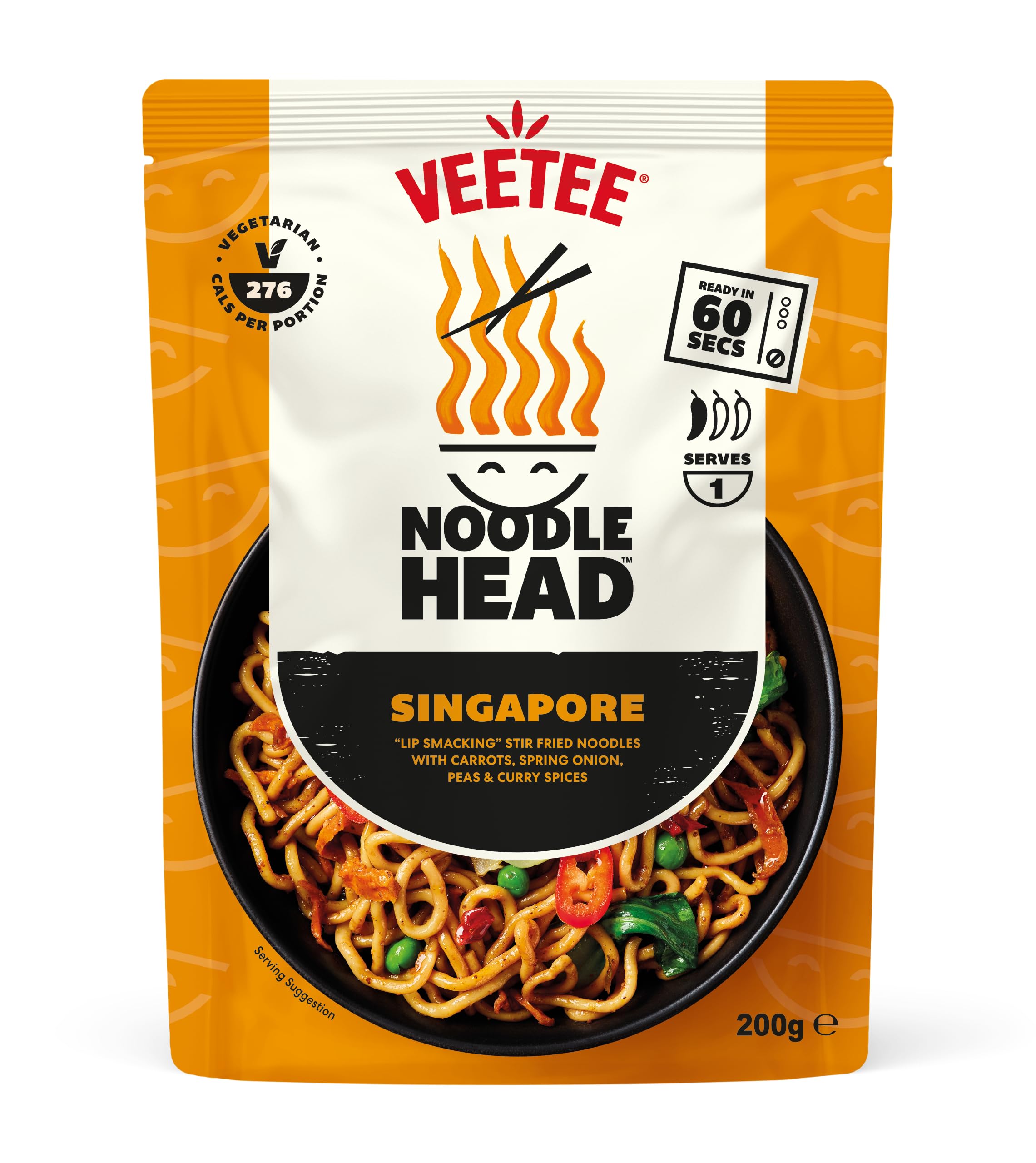 Veetee Noodle Head Stir Fried Noodles Microwave Meal - Singapore (8 Pack) | Ready in 60 Seconds | Authentic Dish with Carrots, Spring Onion, Peas & Curry Spices | Instant Food & Snack Pouches