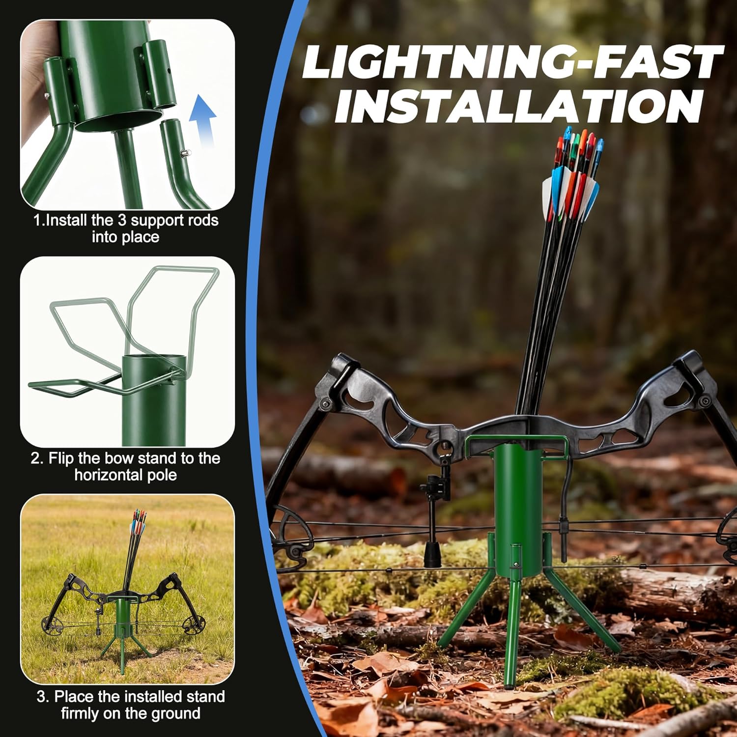 Bow Stand, Foldable and Portable Stand for Compound Bow with Quiver (Hold 30-40 Arrows), Ground Archery Holder for Traditional Longbows Archery Accessories for Hunting Target Practice