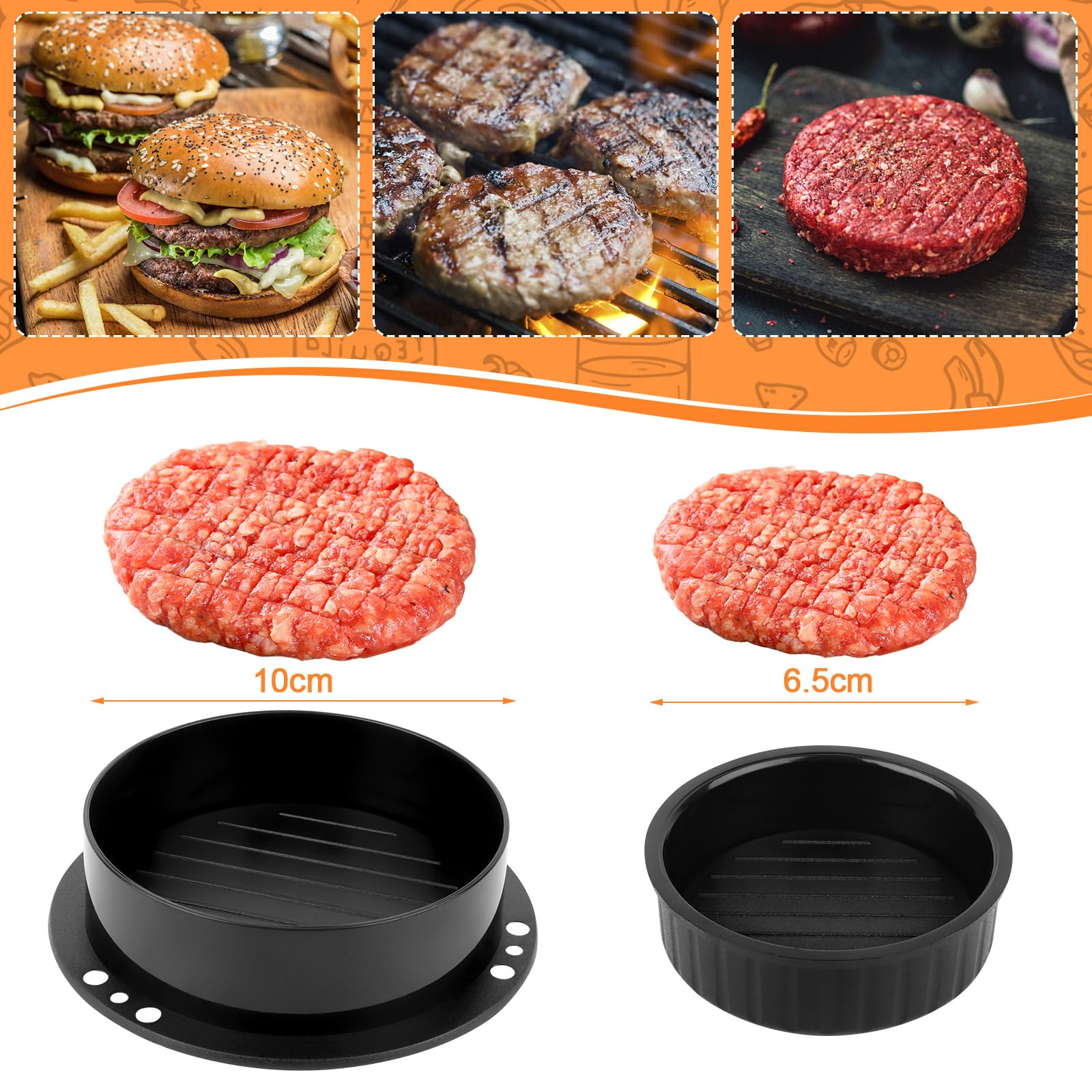 RISVOWO 3 en 1 Presse à Hamburger, Moule Steak Haché avec 100 Paper, Antiadhésive Presse à Burger Smash Burger pour Délicieux Hamburgers, Galettes, Cheeseburgers