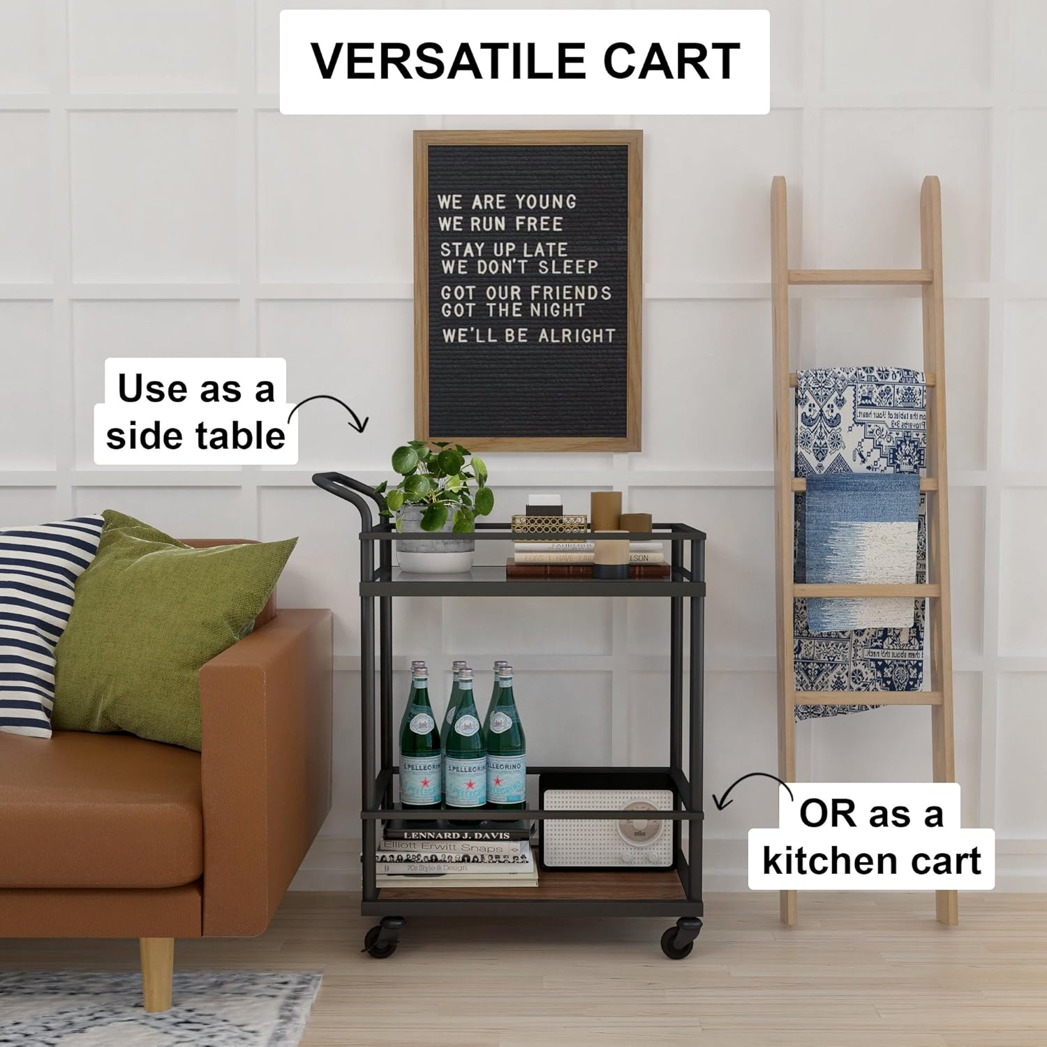 Nathan James Carter Rolling Bar Tea or Cocktail, 2-Tiered Serving Cart Metal Frame and Oak Wood Shelf, Black/Brown - Bar & Serving Carts