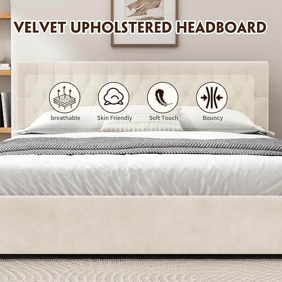 King Size Upholstered Platform Bed Frame with 4 Storage Drawers, Button Tufted Headboard, Linen Fabric, Solid Wood Slat Support, No Box Spring Needed,Easy Assembly,Cream