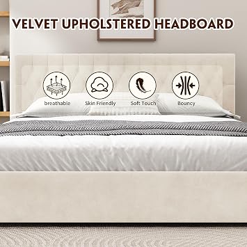 King Size Upholstered Platform Bed Frame with 4 Storage Drawers, Button Tufted Headboard, Linen Fabric, Solid Wood Slat Support, No Box Spring Needed,Easy Assembly,Cream