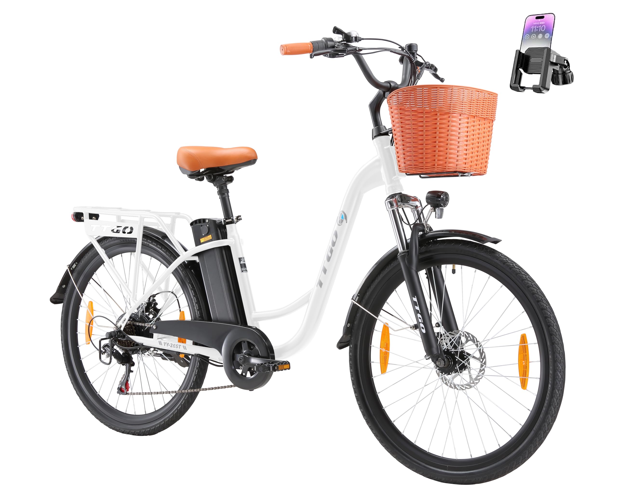 ttgo C2 26 Zoll E-Bike mit Korb, City E-Bike Damen Herren mit 250W Motor 36V 14,5Ah Abnehmbarem Akku, 25 km/h 6-Gang Schaltung, bis zu 100 km Reichweite, Elektrofahrrad für Erwachsene
