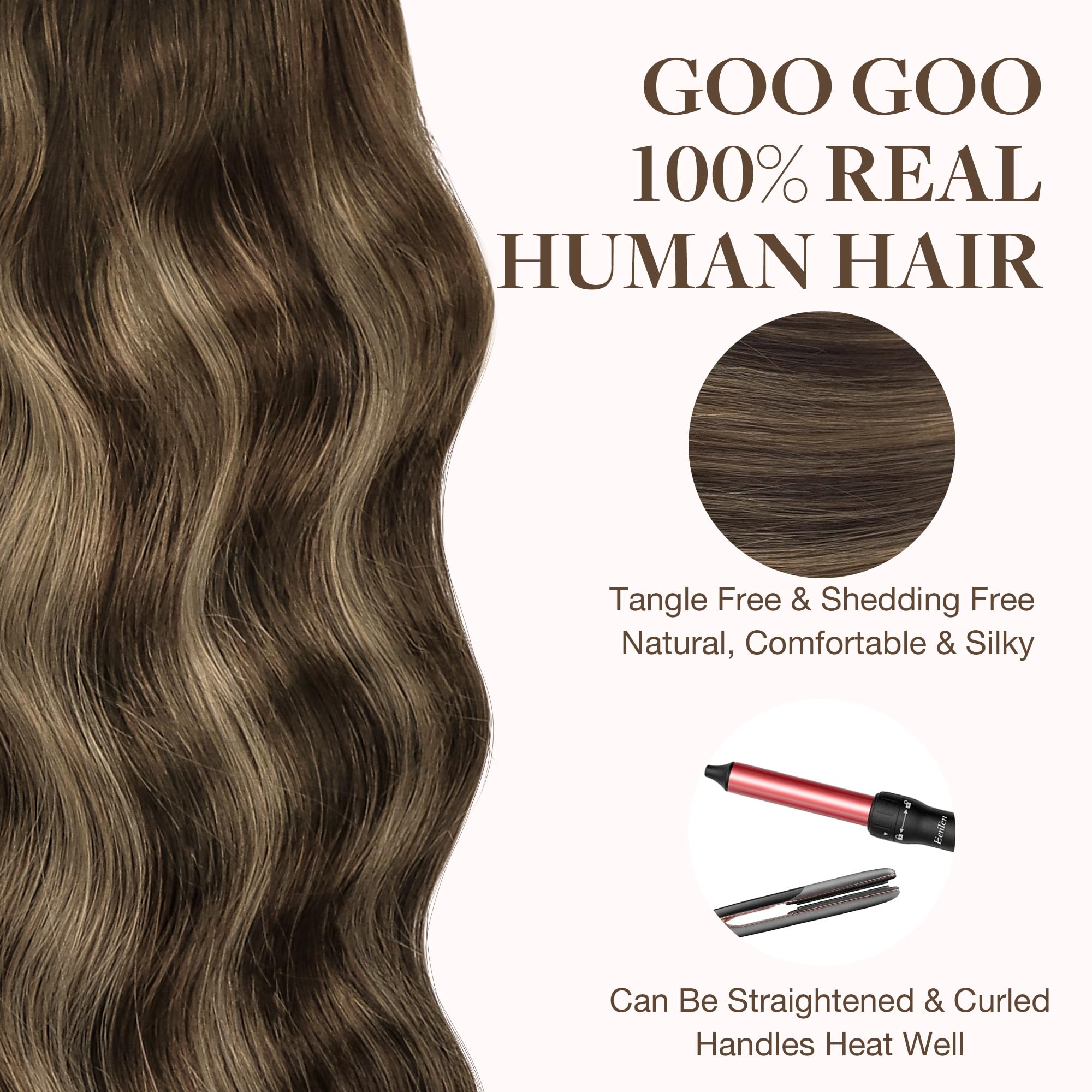 GOO GOO Doczepiane włosy naturalne, 20 sztuk, 50 g, 40 cm, balejaż, czekoladowy brąz, mieszany miód blond, prawdziwe włosy, niewidoczne przedłużki na taśmie