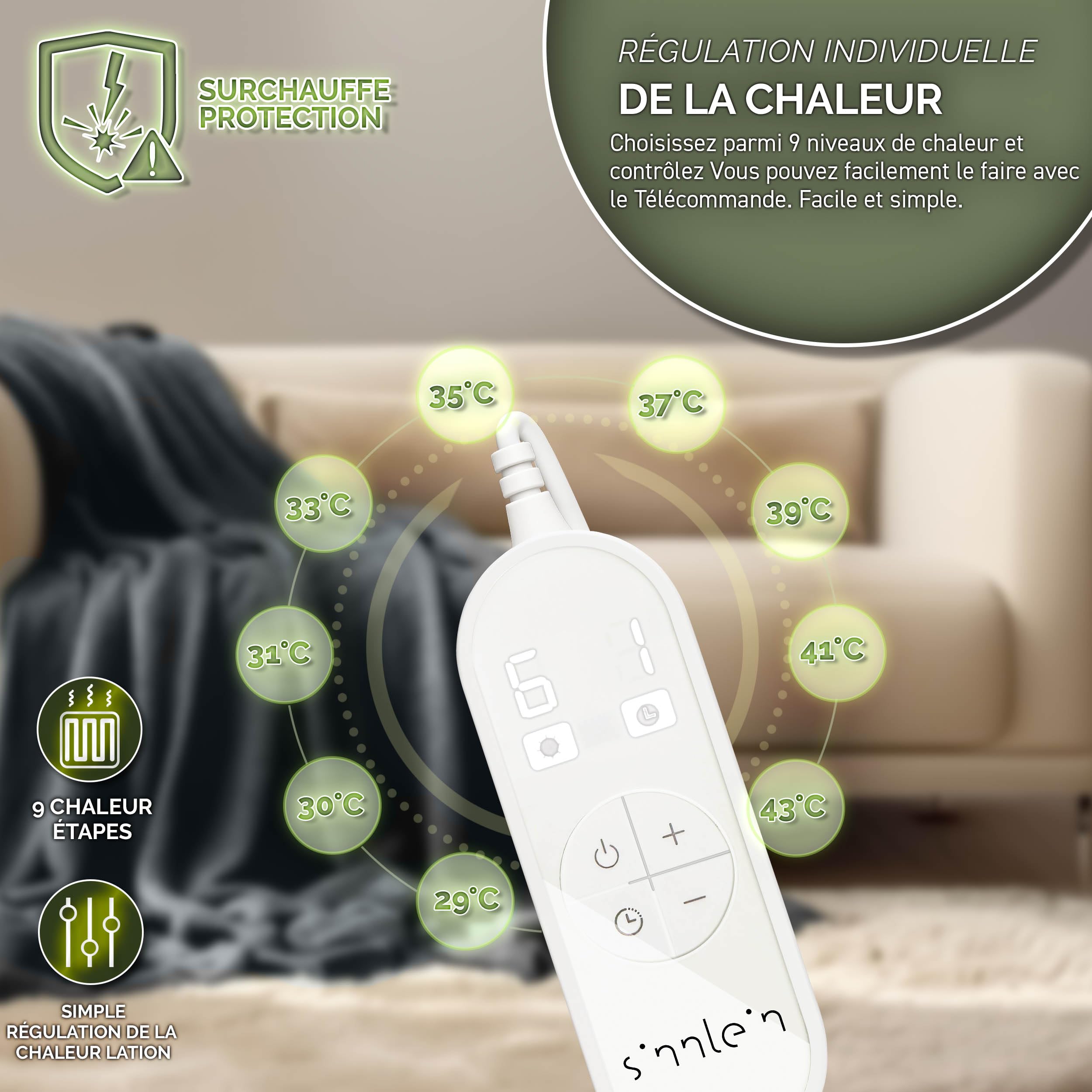 sinnlein® Chauffe-lit Surmatelas Chauffant | 200 x 180 cm | Gris | Couverture Électrique avec Arrêt Automatique | 9 Niveaux de Température | Affichage Digital
