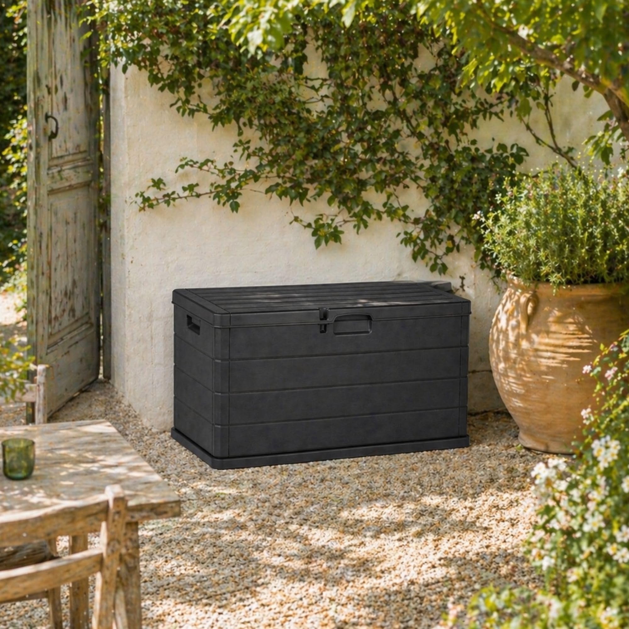 Kissenbox wetterfest 340L – Auflagenbox Gartenbox aus Kunststoff, abschließbar, UV-beständig, wetterfest, in Kunststoff in Holzoptik, mit Rollen, für Balkon, Terrasse, Garten