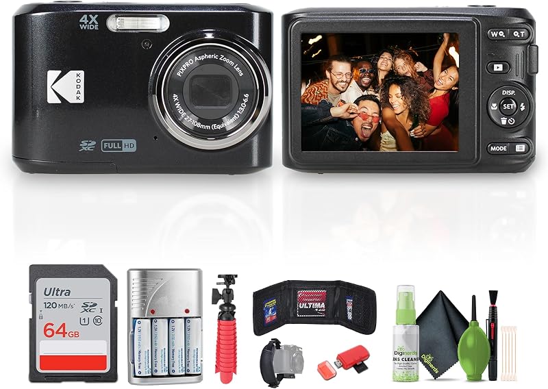 Paquete de cámara digital Kodak PIXPRO FZ45 (negra) | Para viajes, fotografía familiar y cotidiana + Tarjeta de memoria de 64 GB + Trípode + Lector de tarjetas + Kit de limpieza + Correa de mano