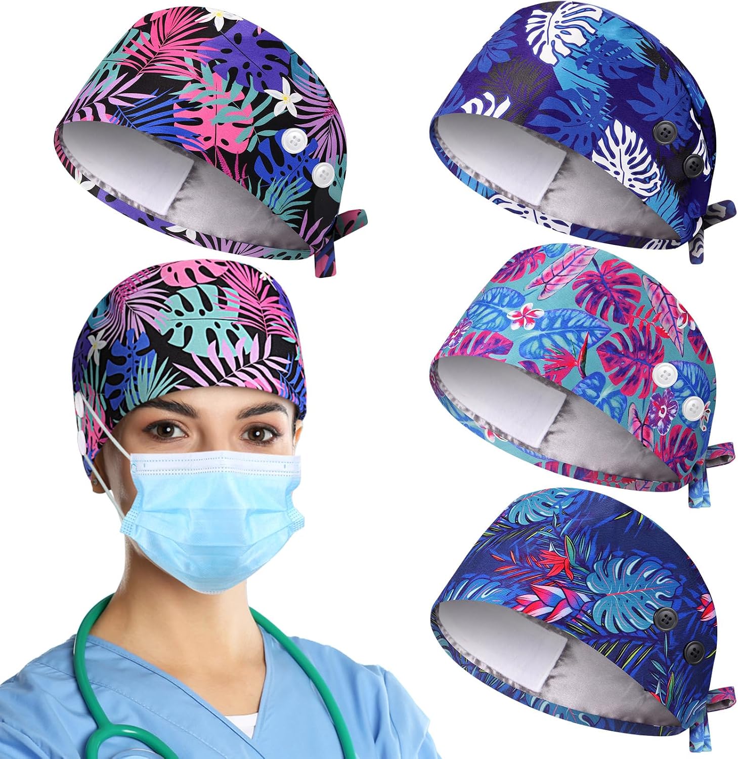 Zhengmy 4 Pcs Satin Lined Scrub Cap with Buttons & Sweatband, Adjustable Surgical Work Hat Hair Cover for Men Women Nurses