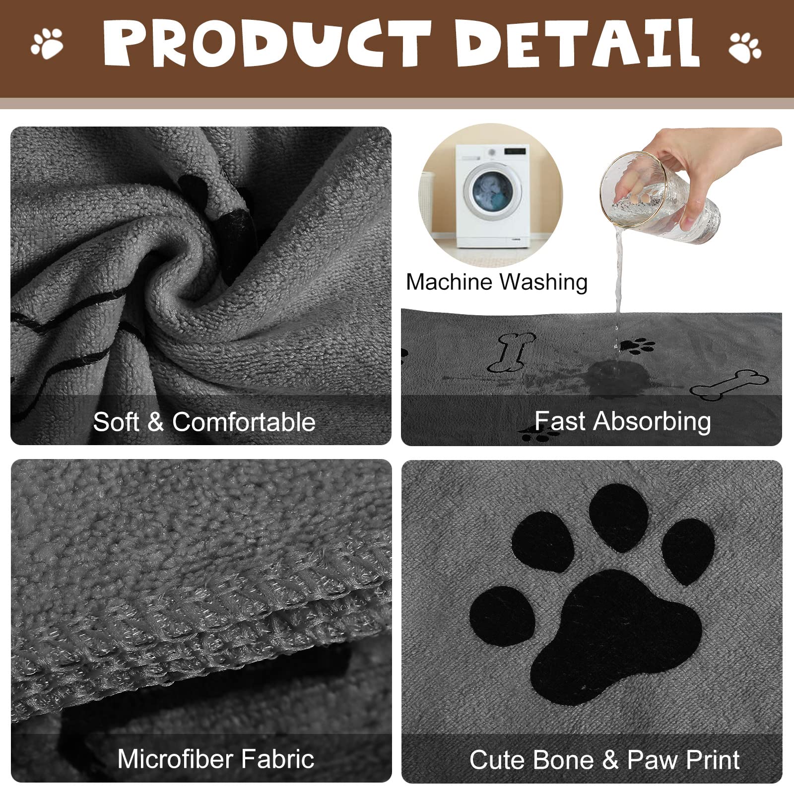Chumia Lot de 4 serviettes en microfibre absorbantes pour chien et chiot - Fournitures de bain à séchage rapide pour chats et animaux domestiques de taille moyenne (140 x 71 cm, gris)