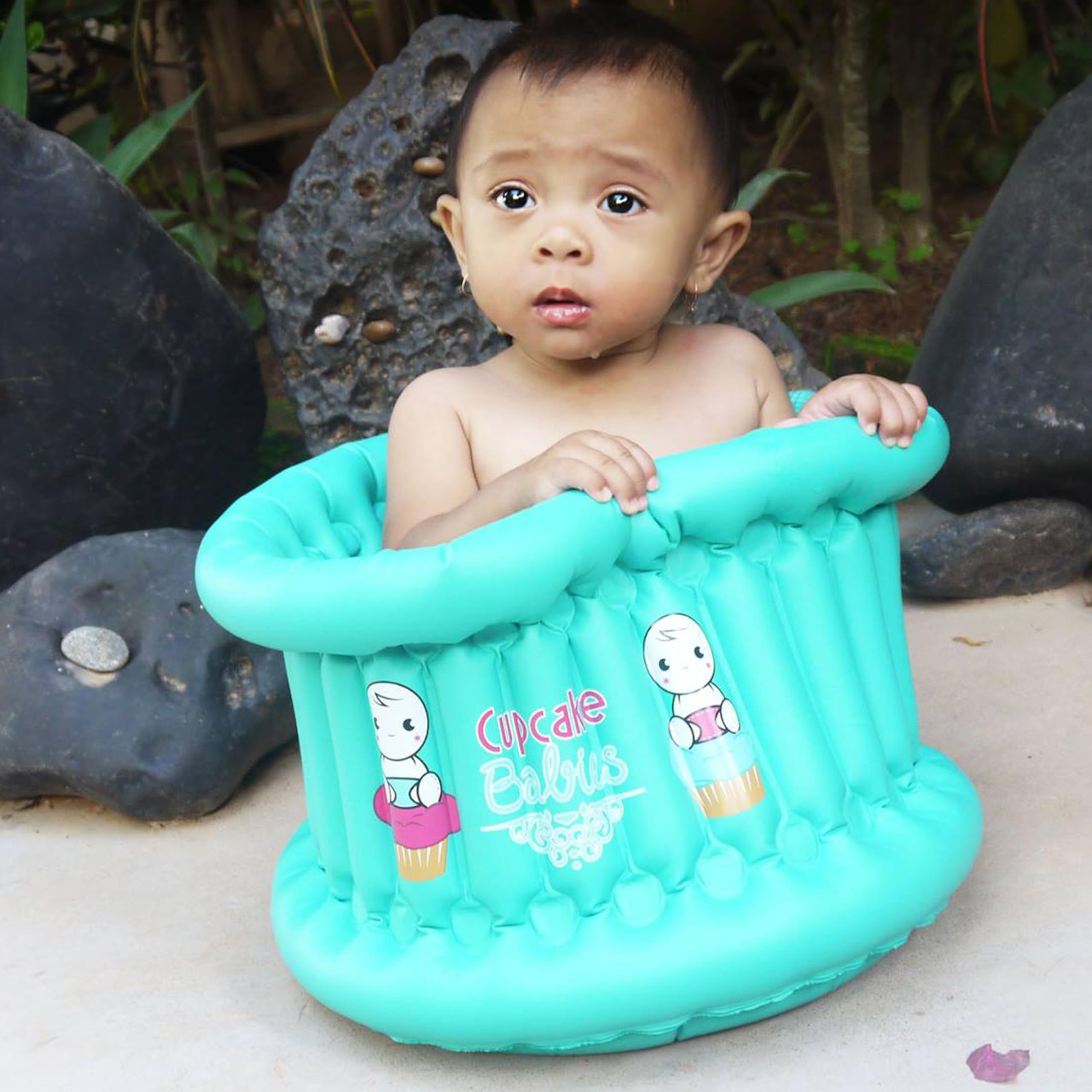 Pequeña bañera hinchable, cómoda para bebés y niños de hasta 12 meses, apta para uso interior y exterior, diámetro 35 cm x 22 cm, color turquesa
