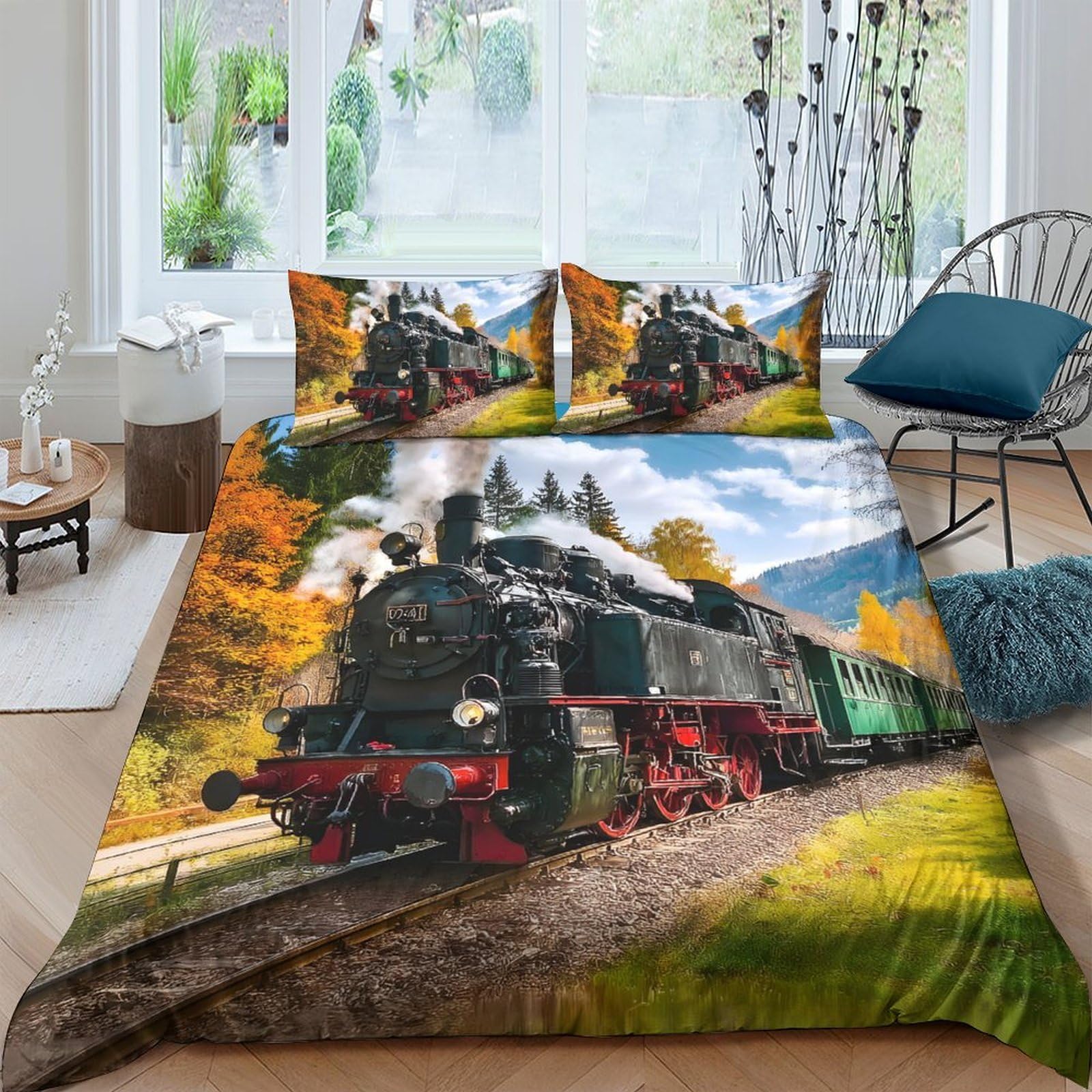 Ctjqhvkz Style-7 3D Printed Vintage Steam Train Fitted Sheet Microfiber Soft Autumn Forest Bed Cover For Bedroom Guestroom Decor Single（135X200cm）