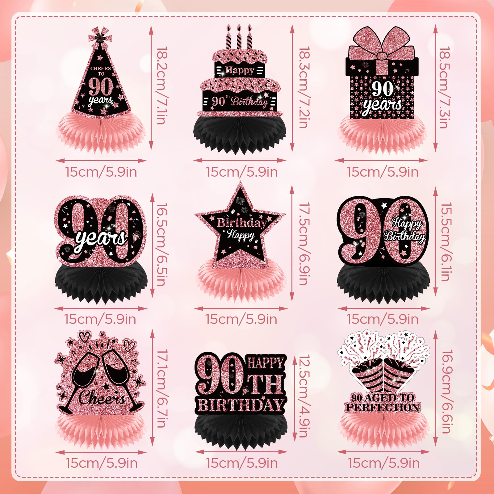 9Pcs Rose Gold 90th Birthday Decorations Rose Gold Black Happy 90th Birthday Table Honeycomb Centerpieces for Table Decor 90th Birthday Table Topper for Women 90th Birthday Anniversary Party Supplies
