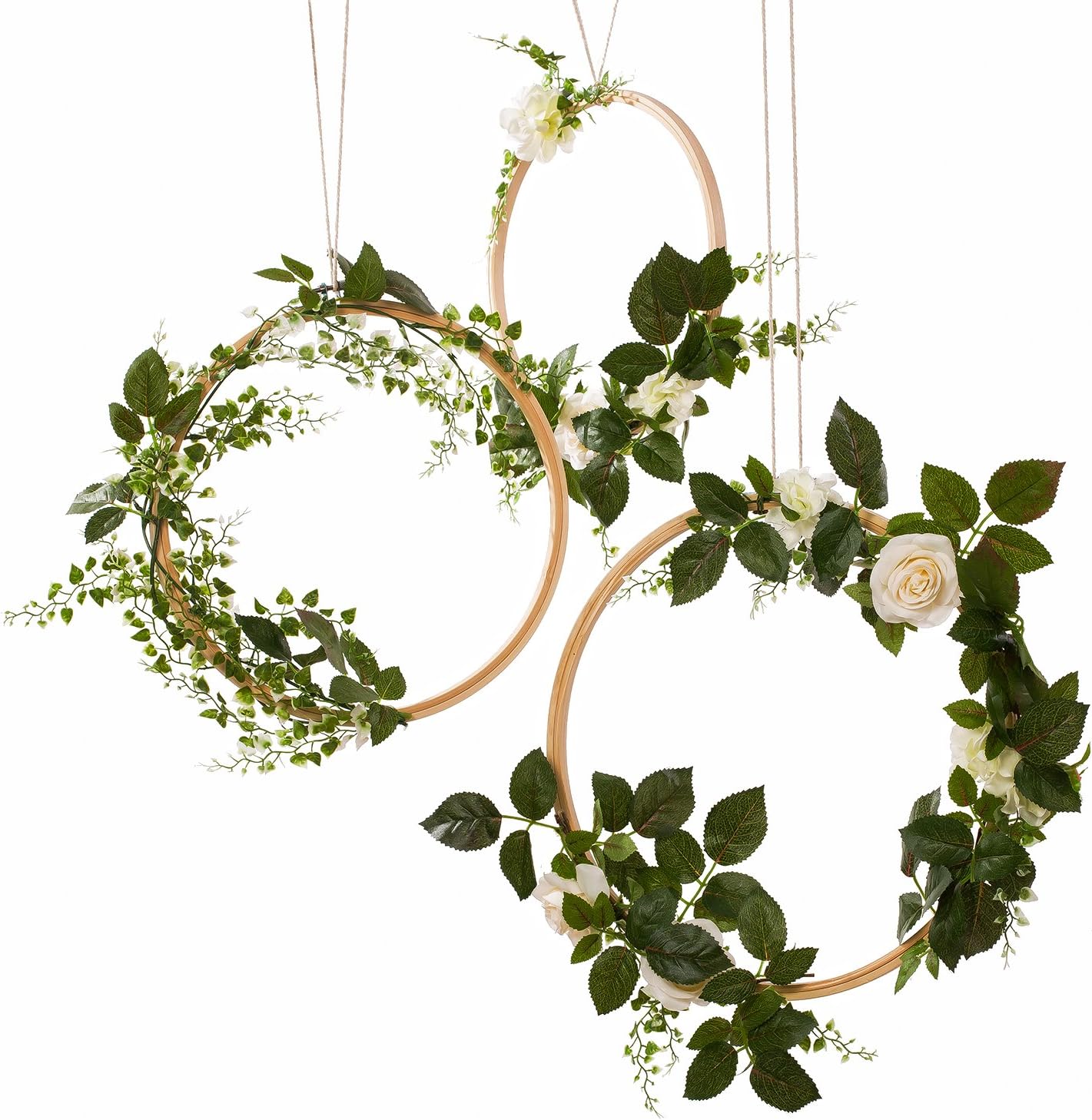 Ling's moment Greenery & Ivory Rose Wooden Hoop Wreath for Wedding Flowers, Bridal Showers, Baby Shower, Birthday Decor, Floral Wreath for Backdrop, Table Wreath Garland (Set of 3)