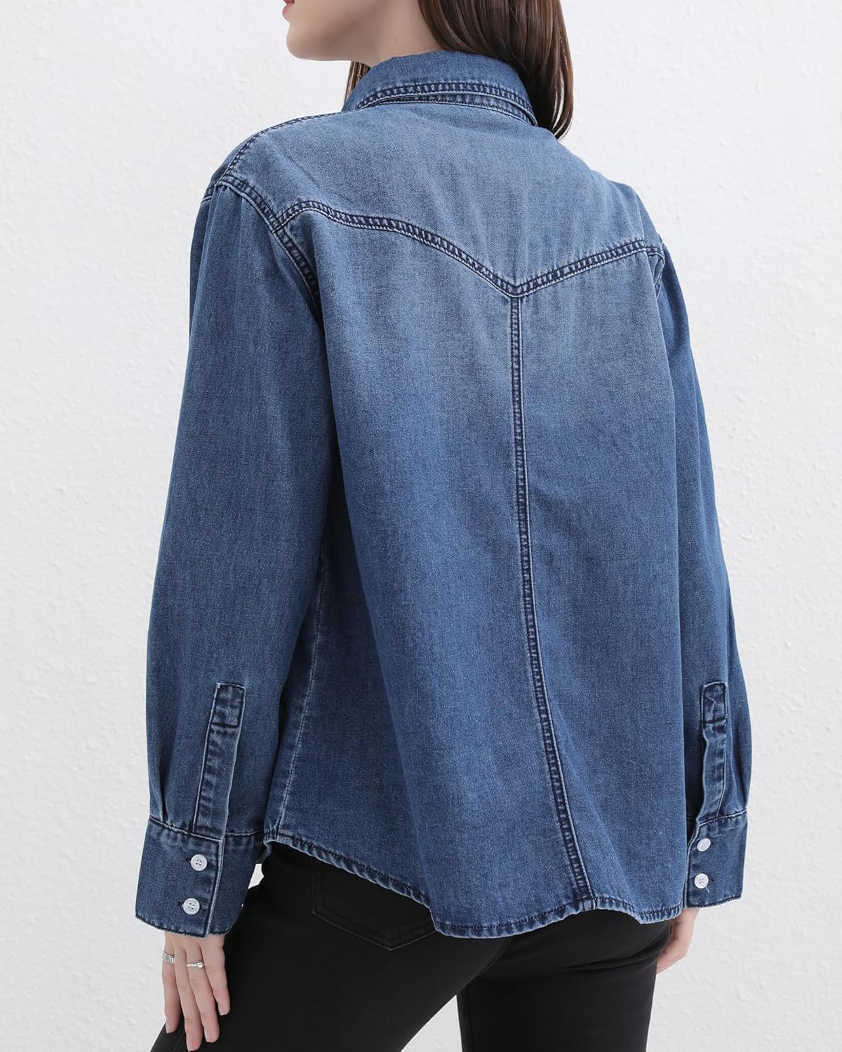Women's Denim Button Down Shirts Oversized Long Sleeve Double Pocket Jean Shirt - Image 4