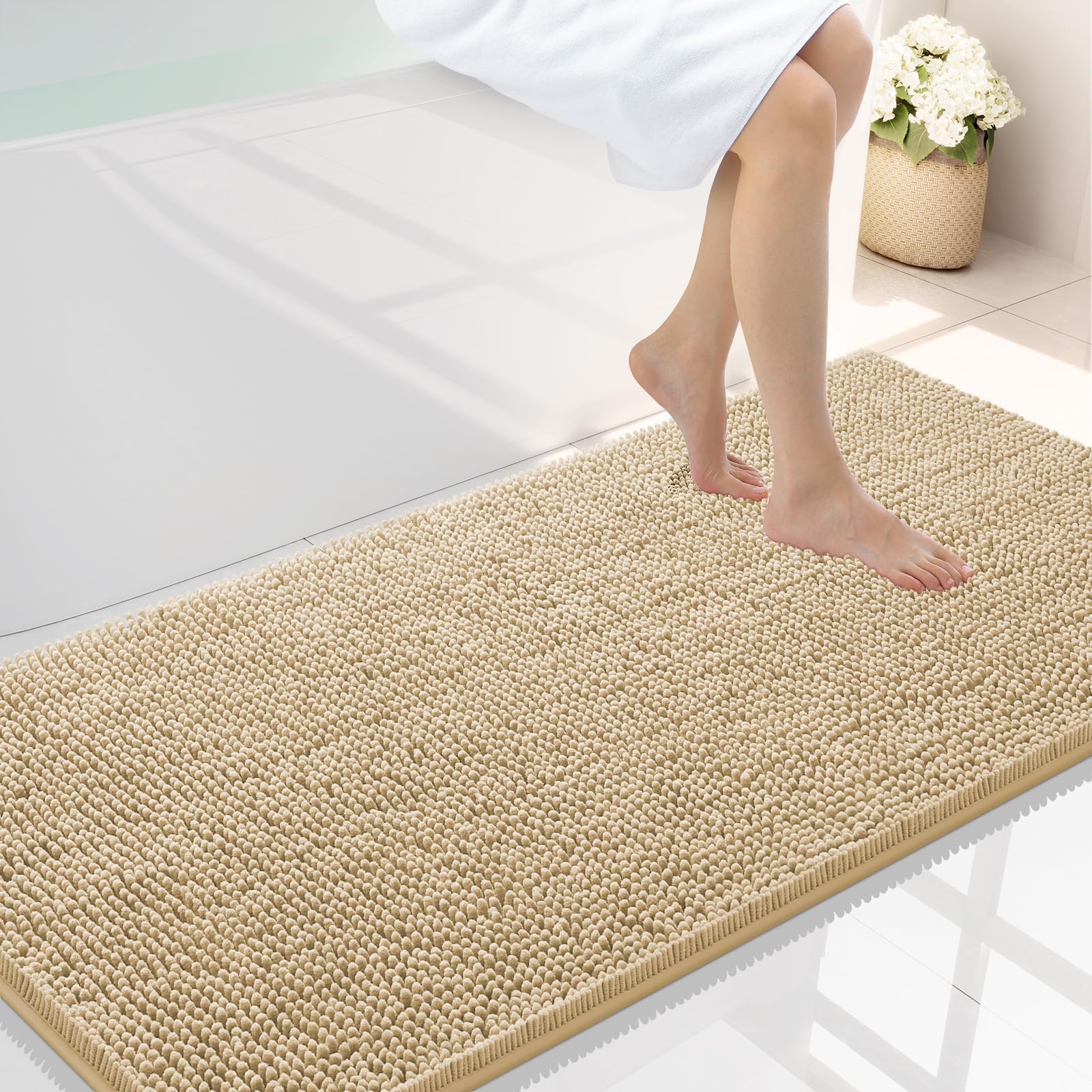 Smiry Luxury Chenille Bathroom Rugs 44x24, Extra Soft and Absorbent Shaggy Bath Mat, Machine Washable, Non-Slip Plush Carpet Runner for Tub, Shower,