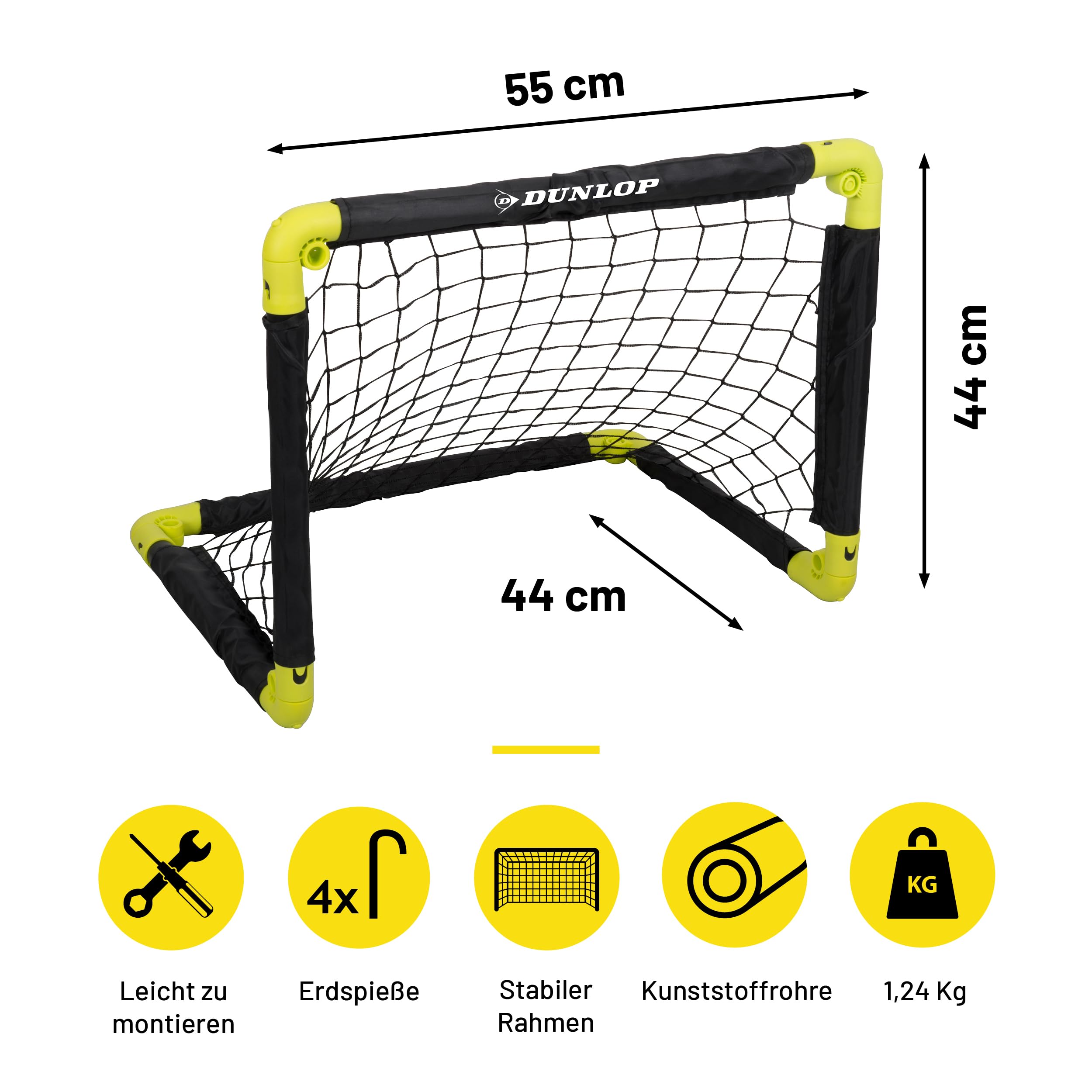 Dunlop Fußballtor 50 x 44 x 44 cm - Fußballtore Set von 2 - Faltbares Fussballtor - Fussballtore für Garten Kinder - Fussball Trainingszubehör für Innen und Außen - Kunststoff - Schwarz/Gelb