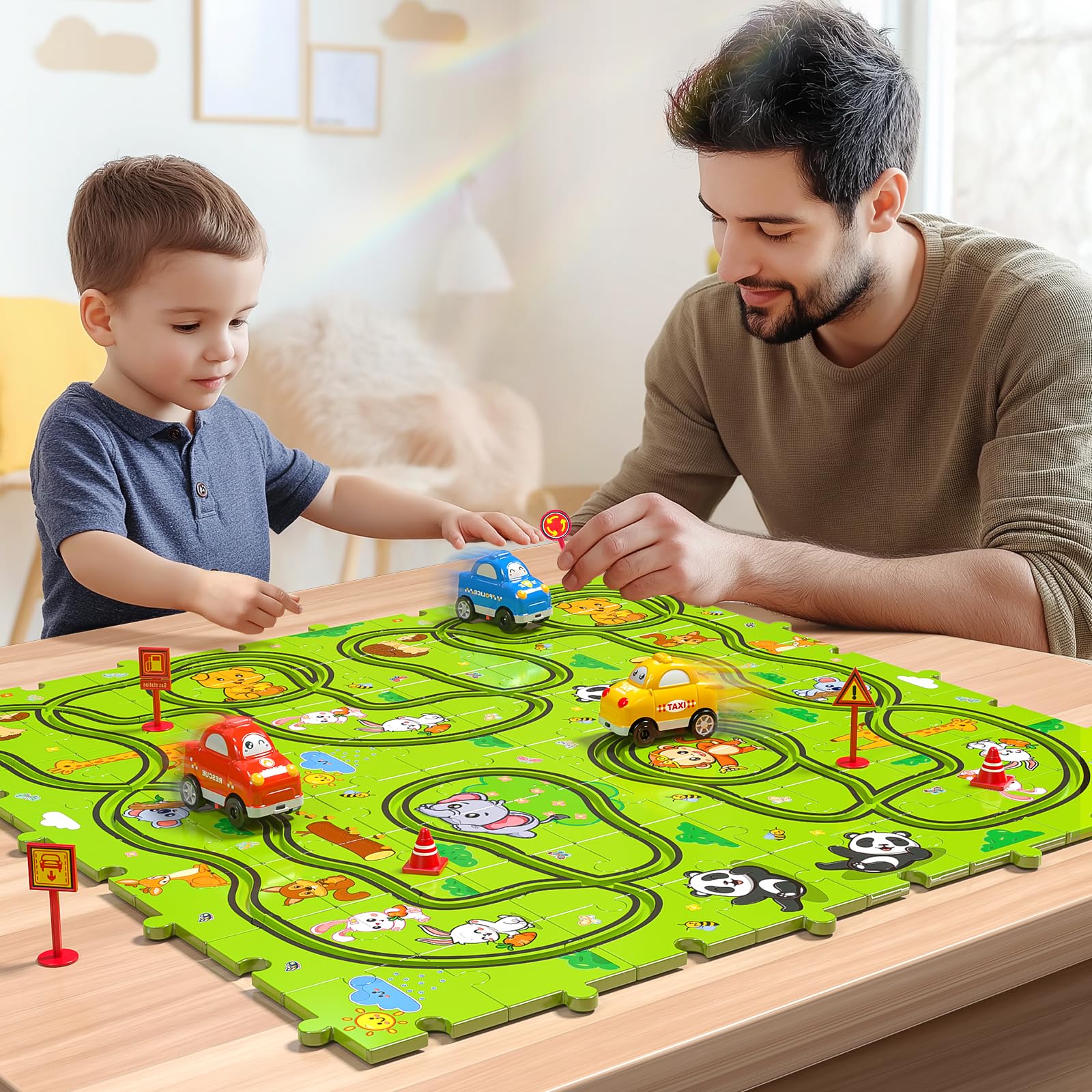 JUKUDAHU 64-teiliges Puzzle Bahnen für Kinder 3-6 Jahre | DIY Auto Rennbahn, 3 Rutsche-Autos, Tier-Thema, Geburtstagsgeschenk für Jungen Mädchen Kleinkinder 5-8 Jahre