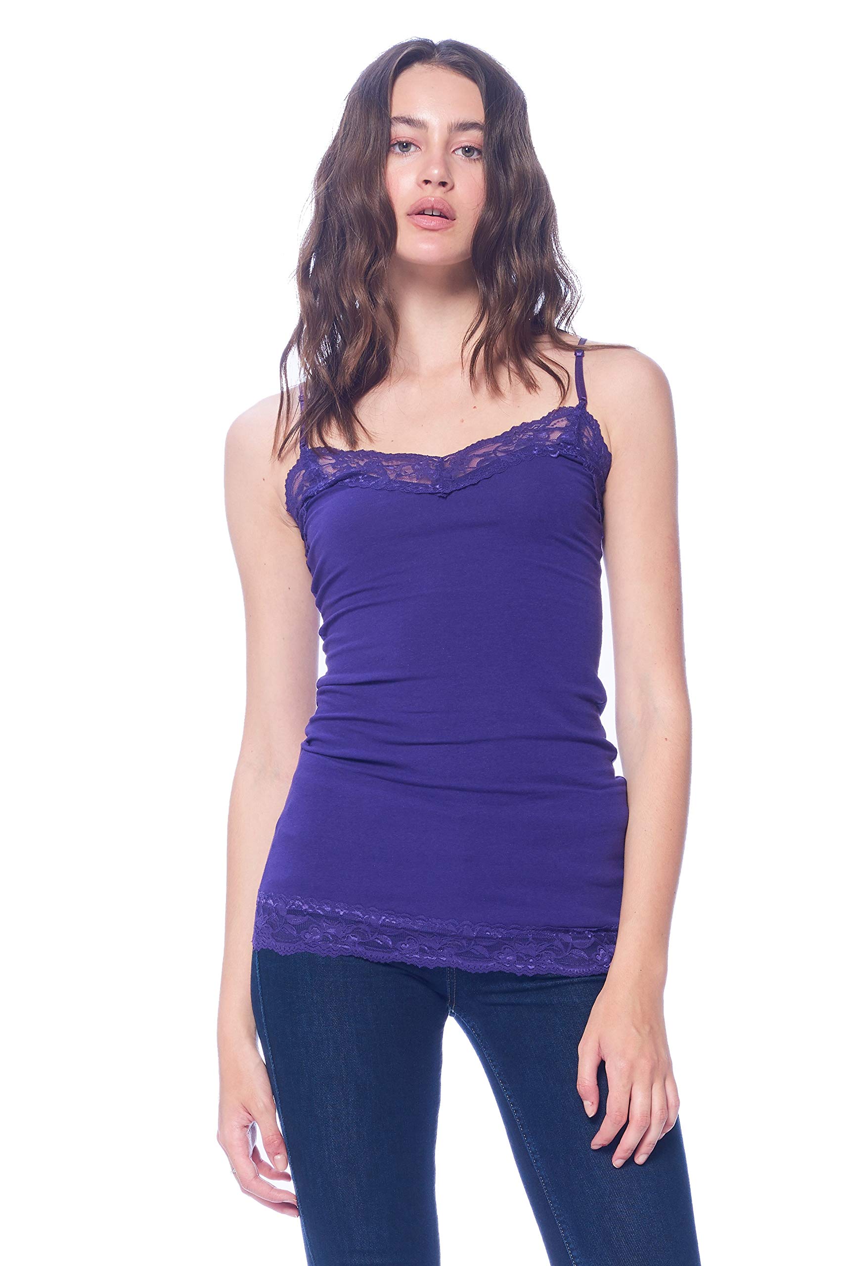 Long Lace Trim Plain Spaghetti Strap Cami Tank Top