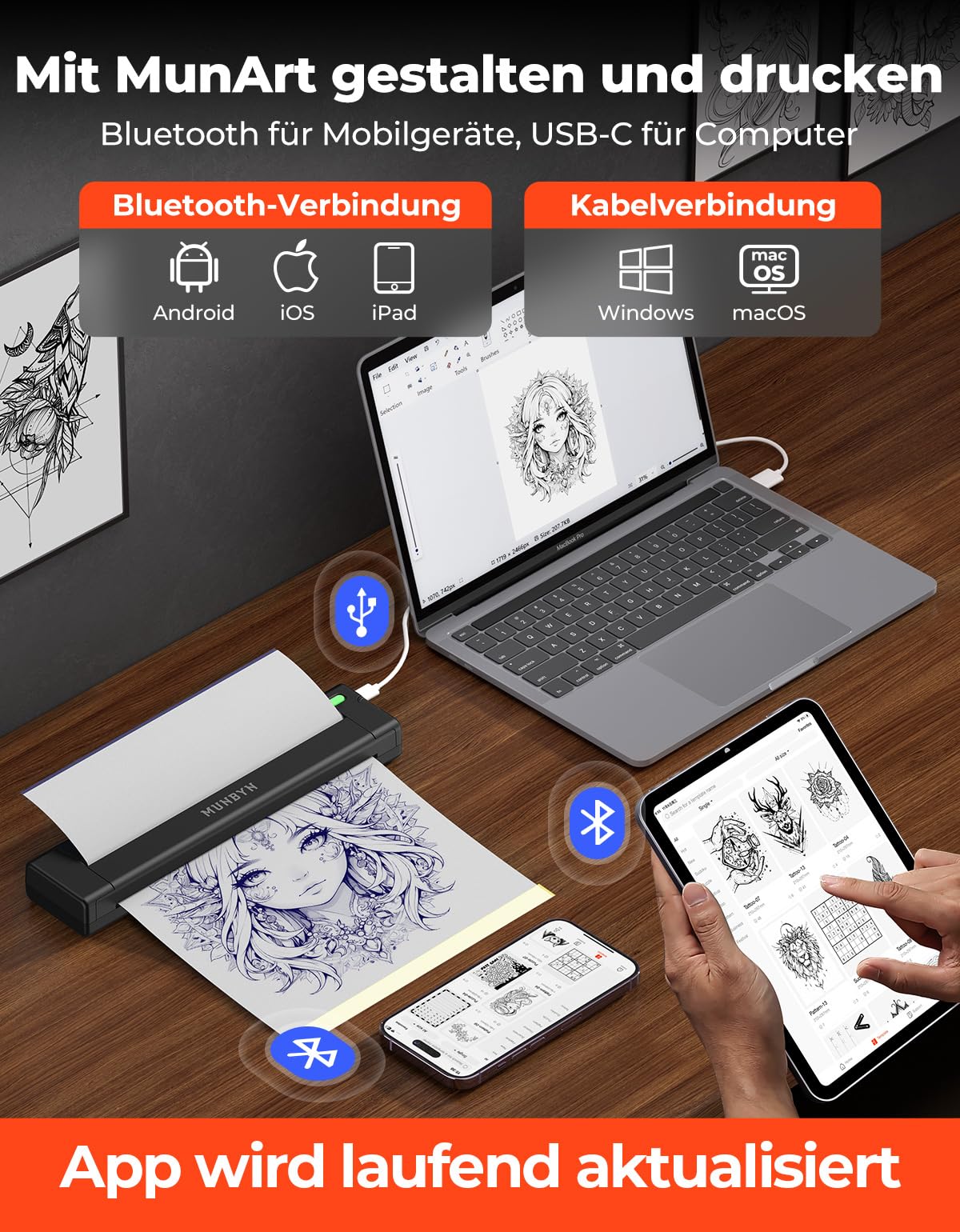MUNBYN ITP05S Tattoo Drucker Bluetooth, Stencil Drucker, Tattoo Printer Thermodrucker mit 10 Blatt A4 Transferpapier, kompatibel mit Android, iOS, macOS und Windows, Schwarz