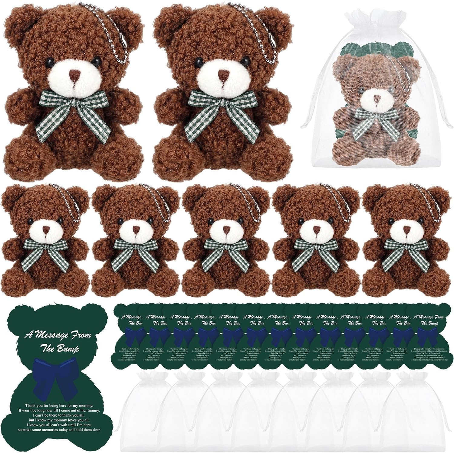 Shappy 90 Pcs / 30 Set Tartan Baby Shower Decorations Green Plaid Bear Party Favors for Guest Tartan Bear Keychain Green Thank You Card Baby Shower Return Gifts for Gender Reveal Party Supplies