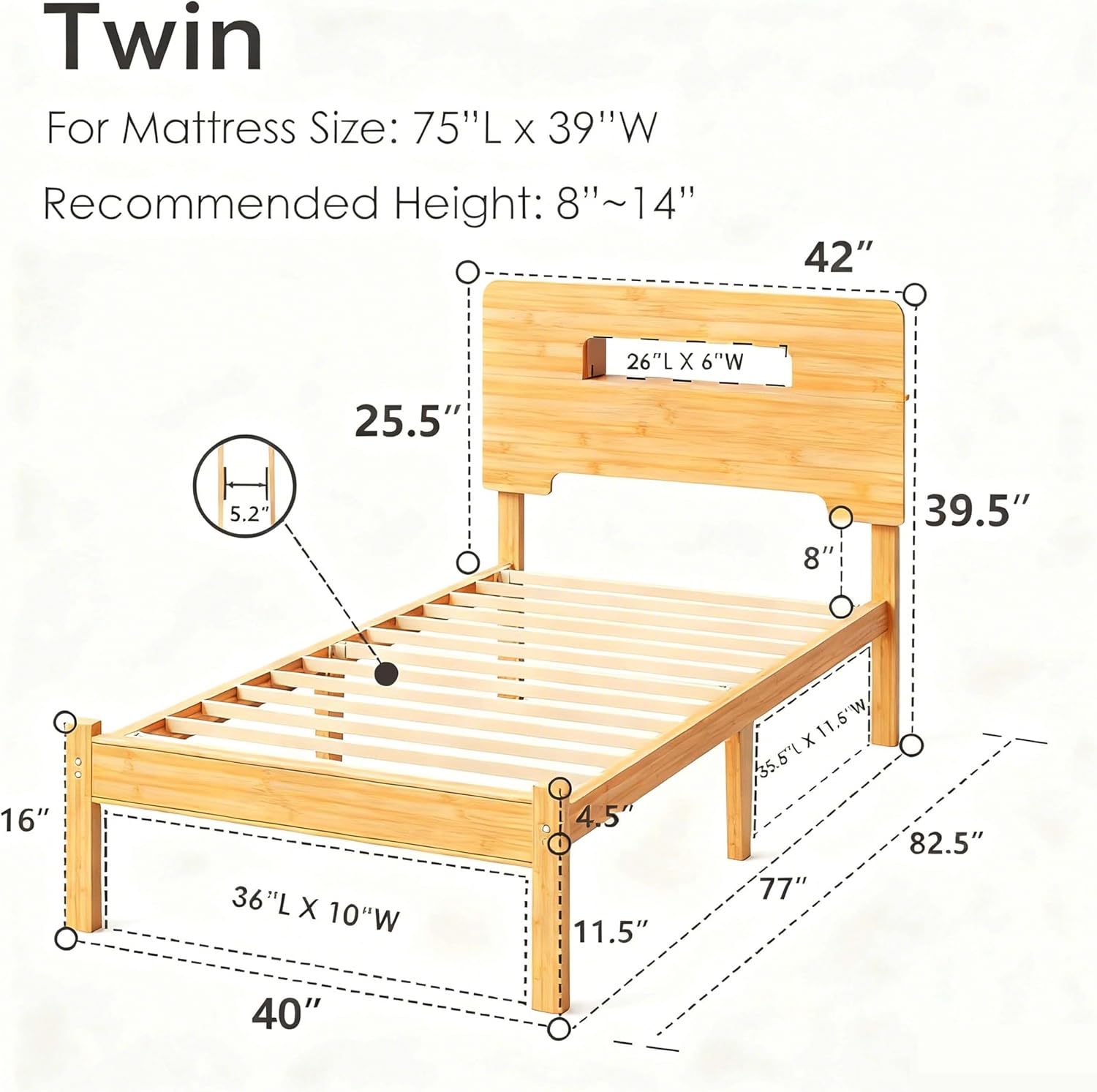 ZIYOO Twin Size Bamboo Bed Frame 14 Inch, Built-in Headboard Storage, Heavy Duty, No Box Spring Needed, Easy Assembly, Noise-Free