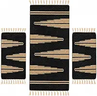 Kit 3 Tapetes Artesanais com Passadeira – Preto e Bege, com Franjas, Estilo Moderno, para Cozinha, Sala e Corredor (Passadeira 1+2 Tapetes)