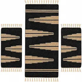 Kit 3 Tapetes Artesanais com Passadeira – Preto e Bege, com Franjas, Estilo Moderno, para Cozinha, Sala e Corredor (Passadeira 1+2 Tapetes)