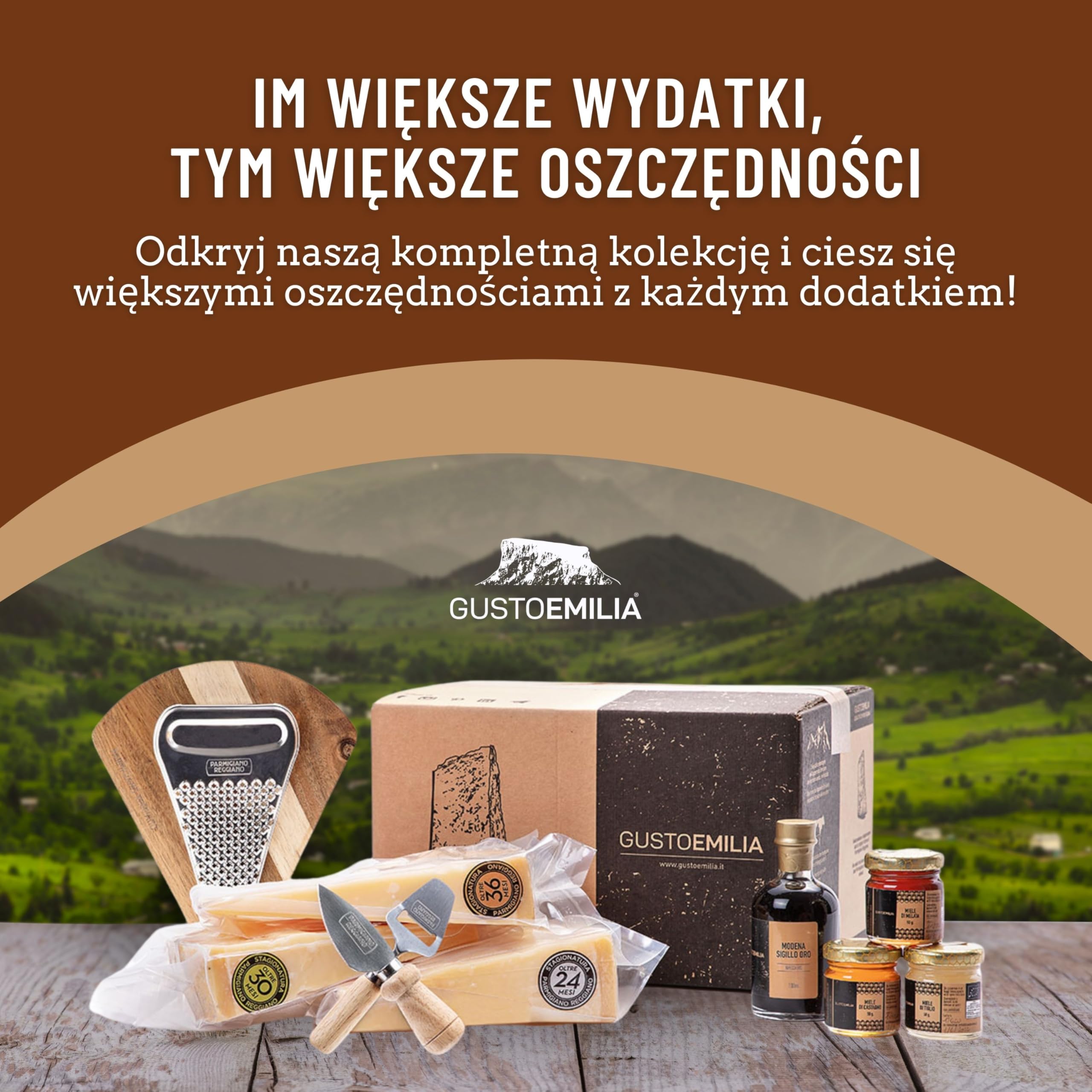 GUSTOEMILIA Kosz Upominkowy Gourmet: Ser Parmigiano Reggiano dojrzewający, Miód (3 x 250 g) oraz Dojrzały Ocet Balsamiczny - Włoski Kosz Prezentowy na Wszystkie Okazje
