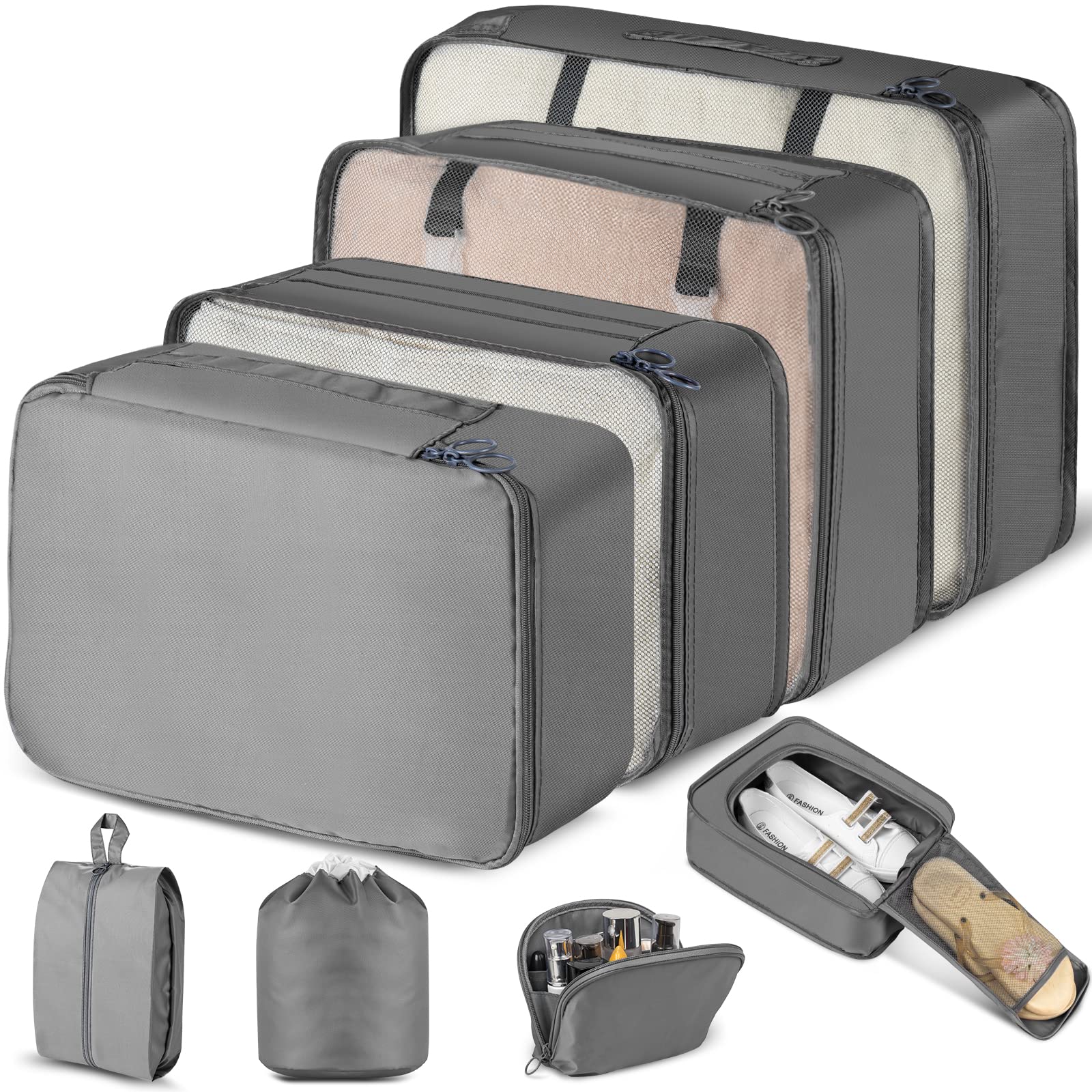 CISHANJIA Packing Cubes, 8 Set Travel Organiser Acessories with Laundry Bag & Shoe Bag(Grey)