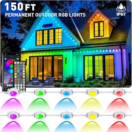 Luces RGB permanentes para exteriores de 150 pies, luces LED inteligentes impermeables con aplicacióncontrol remoto, sincronización de música y