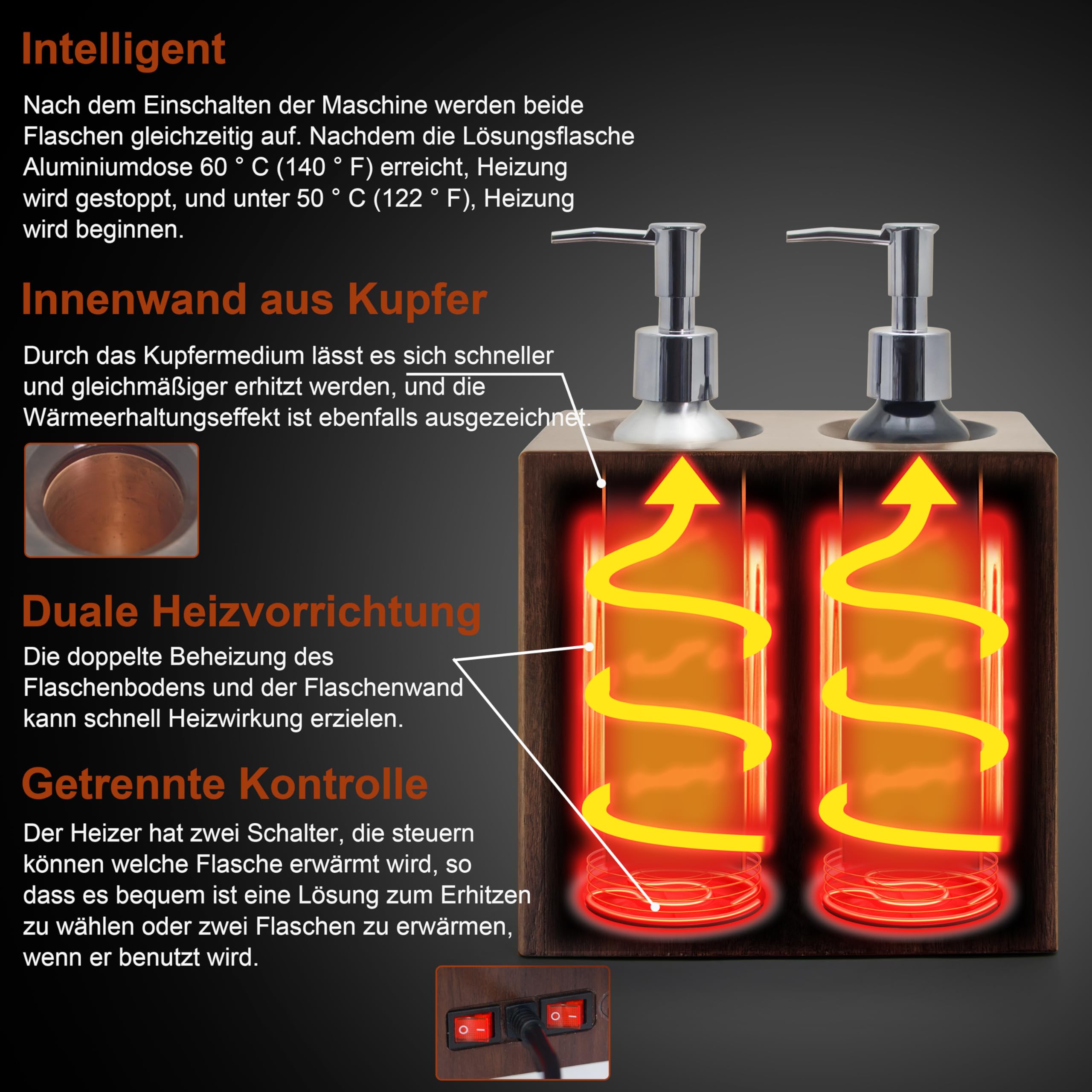 Elitzia Walnussholz Massageölwärmer Doppelflaschen-Heizungssteuerung 4 Pumpflaschen Lotion-Wärmer-Spender Beheizt 122-140°F Salon Spa ETAW04