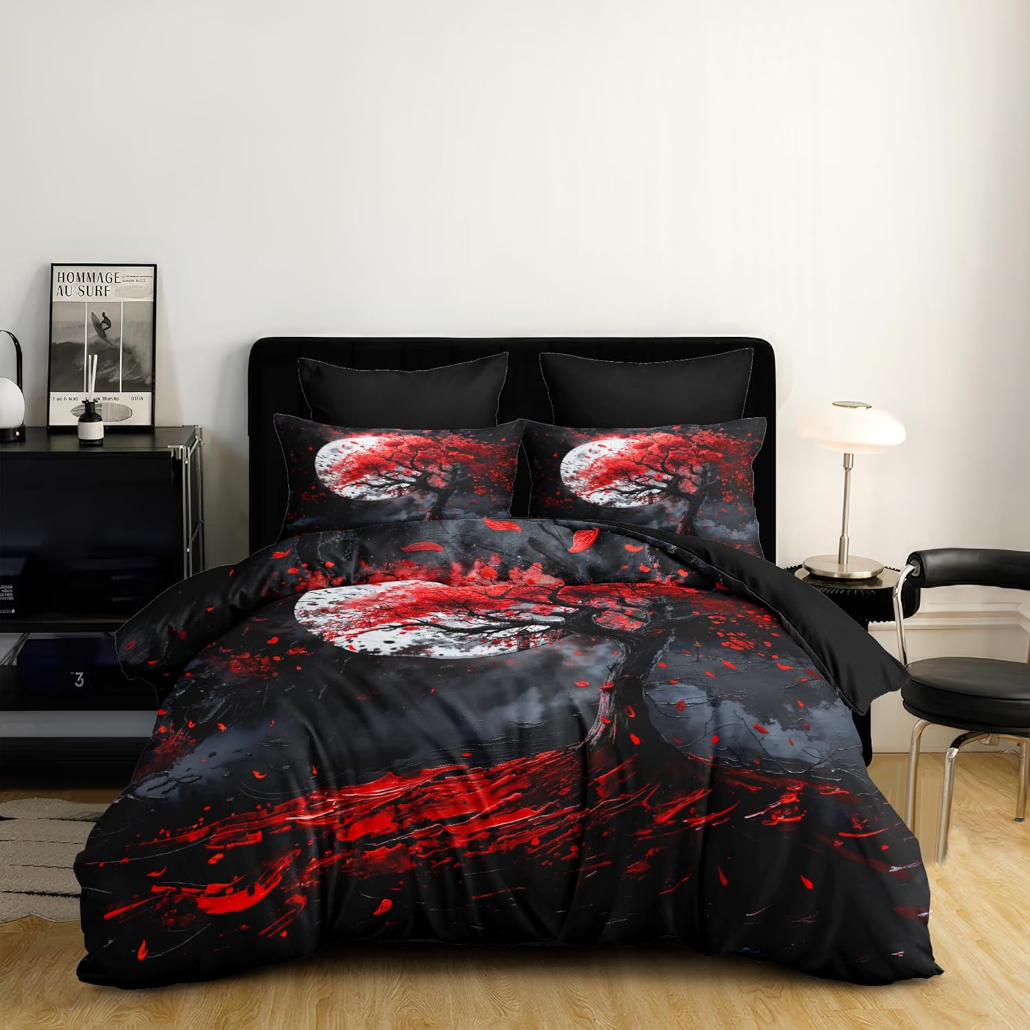 Black Red Cherry Blossom Comforter Set Queen Size Gothic Moon Bedding Set for Women Girls Oil Painting Decor Quilt Set - 3Pcs Soft Fluffy Microfiber with 2 Pillowcases(90 * 90)