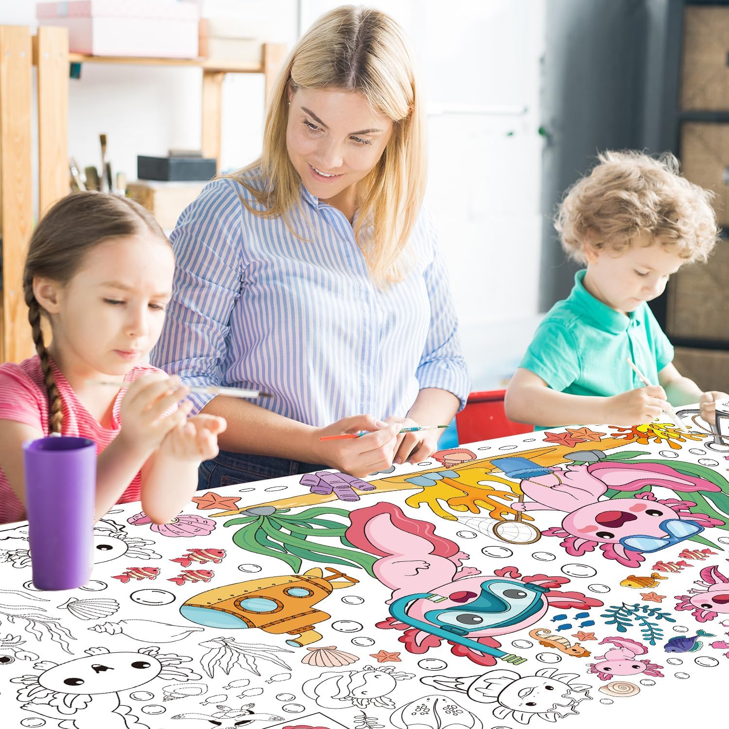 Axolotl Large Coloring Poster, Pink Cute Giant DIY Coloring Table Cloth for Kids Axolotl Party Decorations, Salamander Undersea World Poster Activity Boys Girls(71 X 31 Inches)