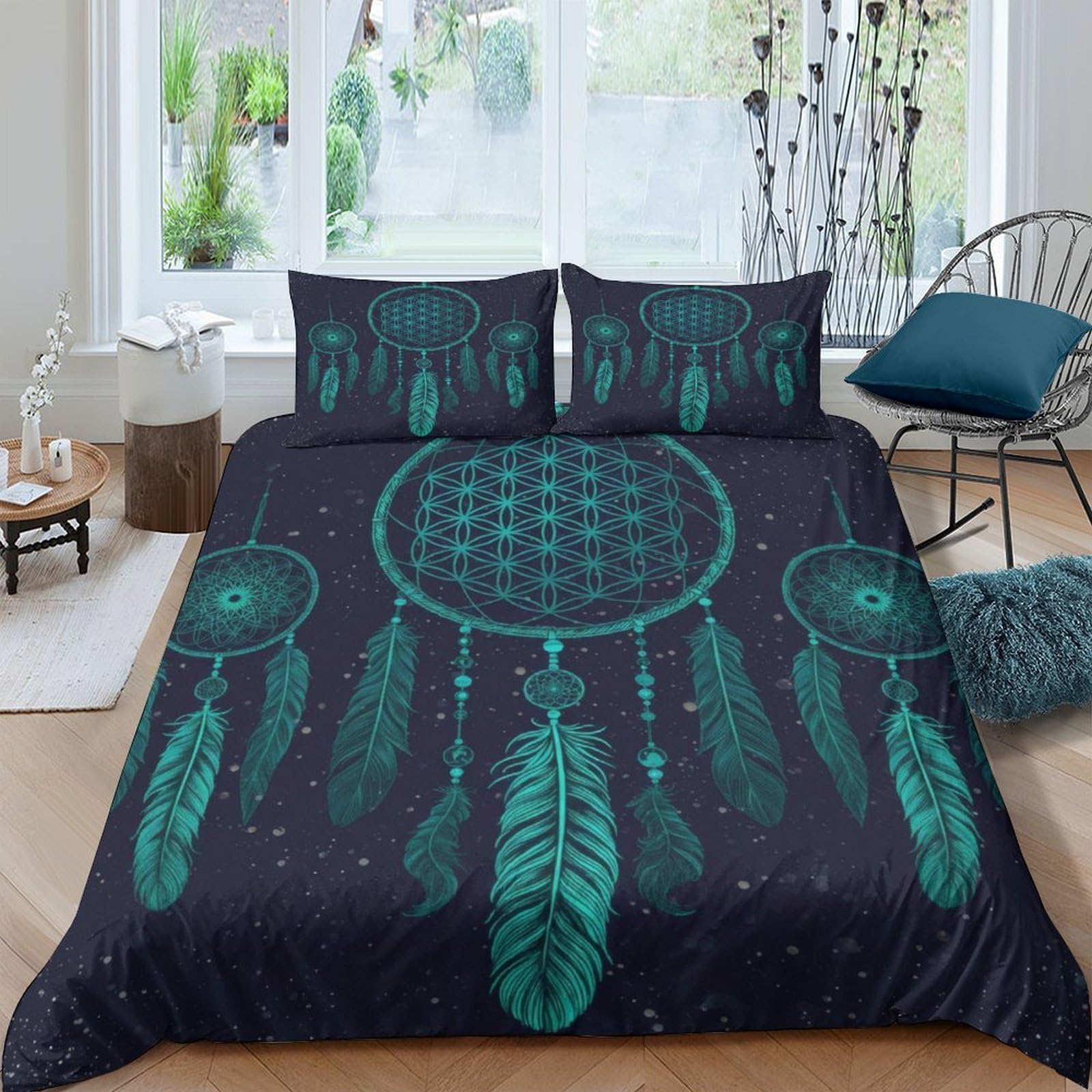 Ctjqhvkz Style-1 3D Printed Dreamcatcher Fitted Sheet Microfiber Soft Teal Feather Bed Cover For Bedroom Dorm Mattress Protection Decor Single（135X200cm）