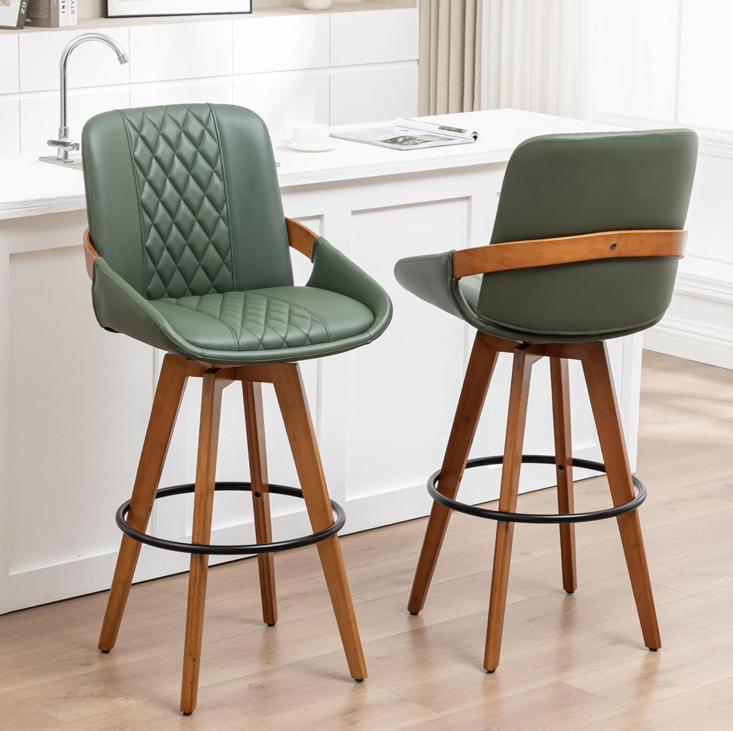 26 Inch Counter Height Stools Set of 2, Modern Mid Century Upholstered Upholstered Swivel Stool with Curved Back and Arms for Kitchen Island, Black