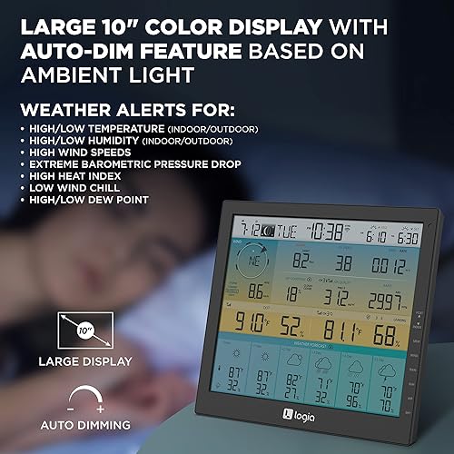 Miniatura 7 de Logia 21-in-1 Wireless Weather Station with 7-in-1 Solar Sensor Array, 6-Day Forecast, Wi-Fi, Large 10" Color Display, Wind Speed/Direction,