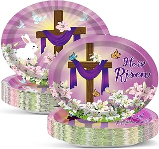 Qyeahkj 50 PCS He is Risen Oval Paper Plates Large 11” Disposable Jesus Cross Easter Party Decorations Spring Lily Floral Supplies Favor for Religion Christ Party Tableware Set