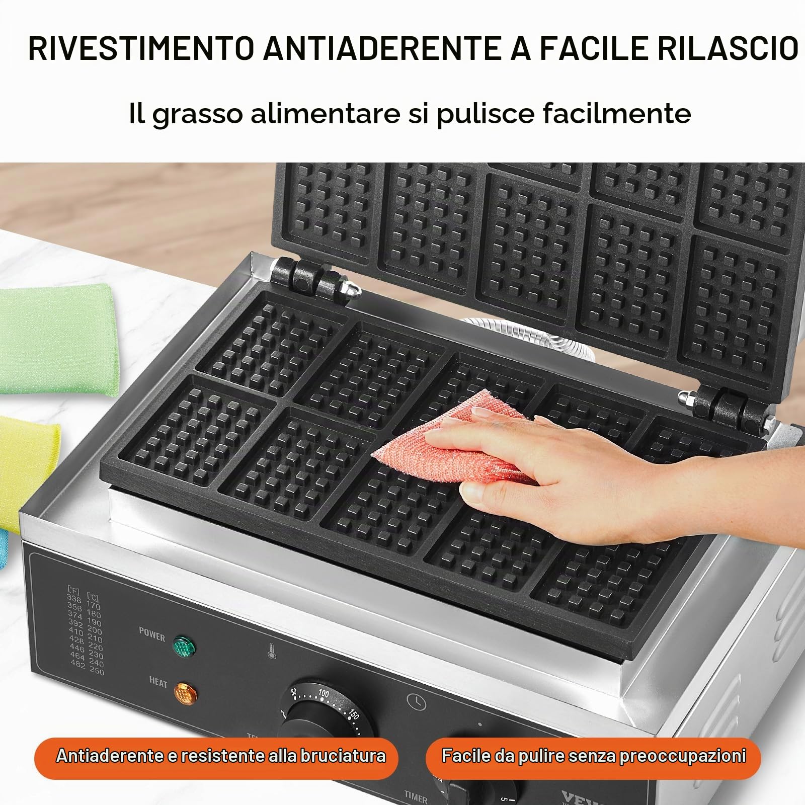 VEVOR Macchina per Waffle Commerciale, 10 pezzi per Waffle Rettangolare, Piastra Waffle Belga in Acciaio Inox Antiaderente 1550 W con Controllo Temperatura Tempo, Maniglia, per Ristorante, Panetteria