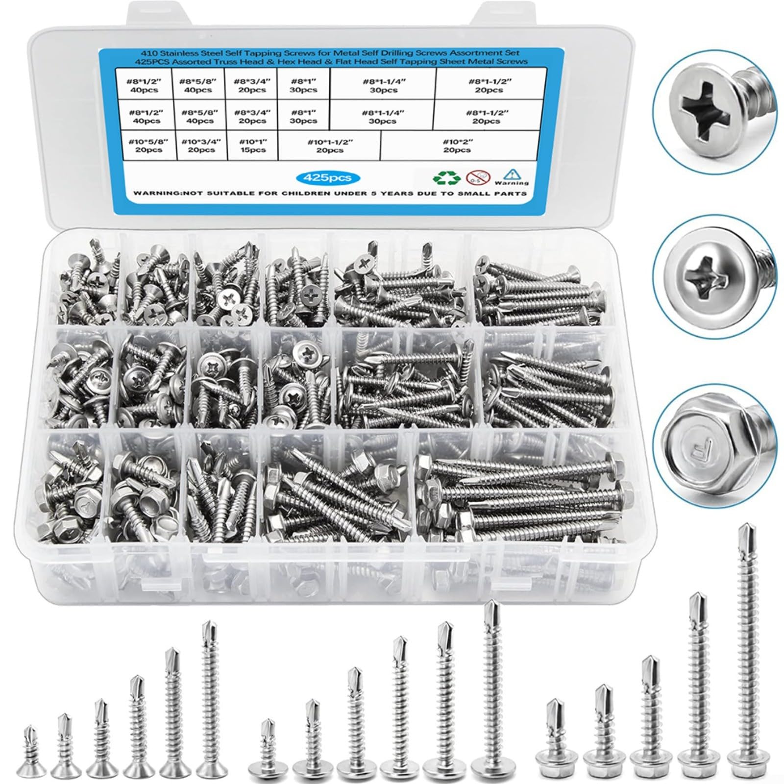 425 pezzi Set di viti autoperforanti in acciaio inox 410, testa esagonale e svasata per metallo, legno, plastica, argento