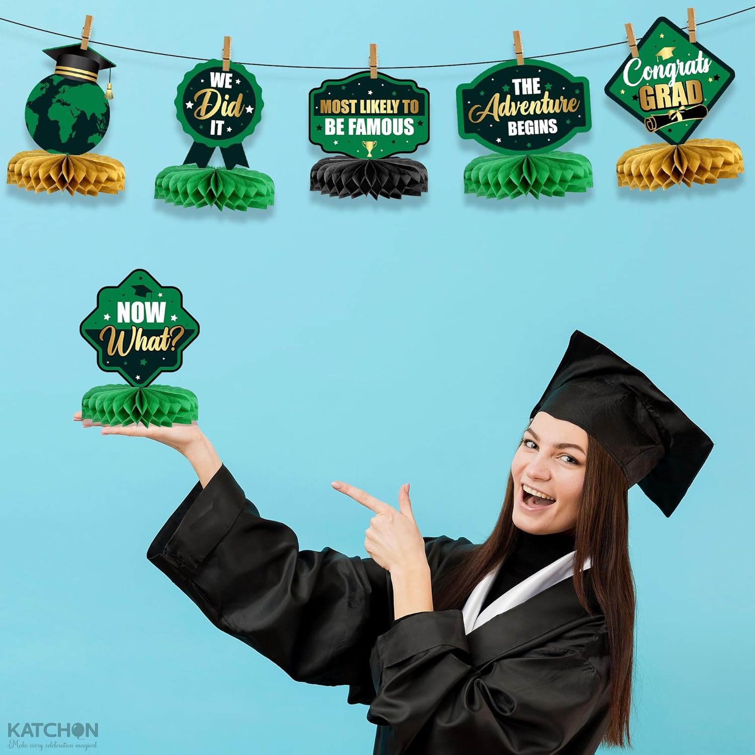 KatchOn, Green and Gold Graduation Centerpieces for Tables 2026 - Pack of 9 | Gold Graduation Centerpieces 2026 for Graduation Decorations 2026 | Green and Gold 2026 Graduation Decorations