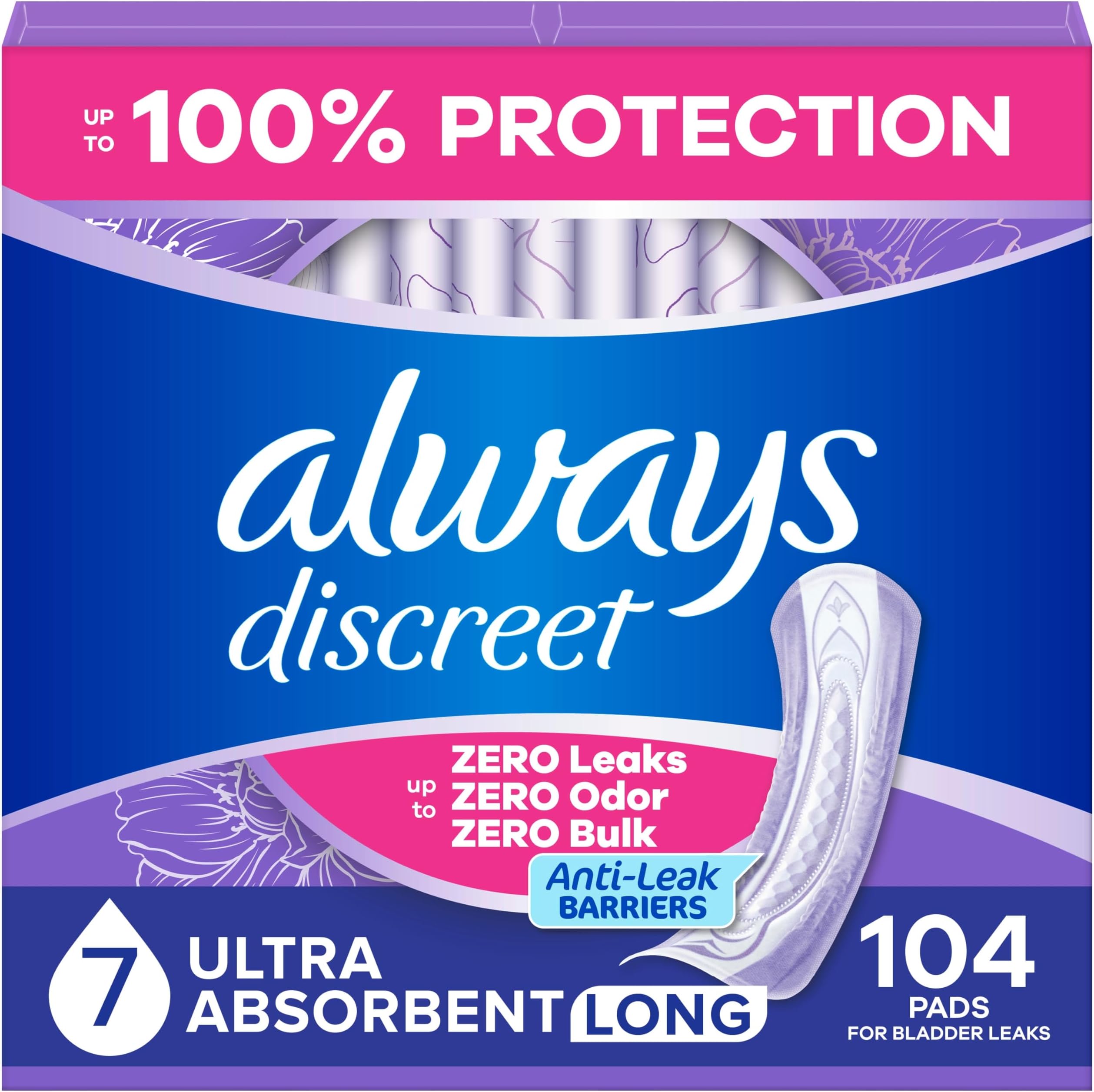 Always Discreet Adult Incontinence Pads for Women, Drier, 7 Drop Long Length, Ultra Absorbency, Pads for Bladder Control Management, Bladder Leaks, Overnight & Postpartum Pads, 104ct