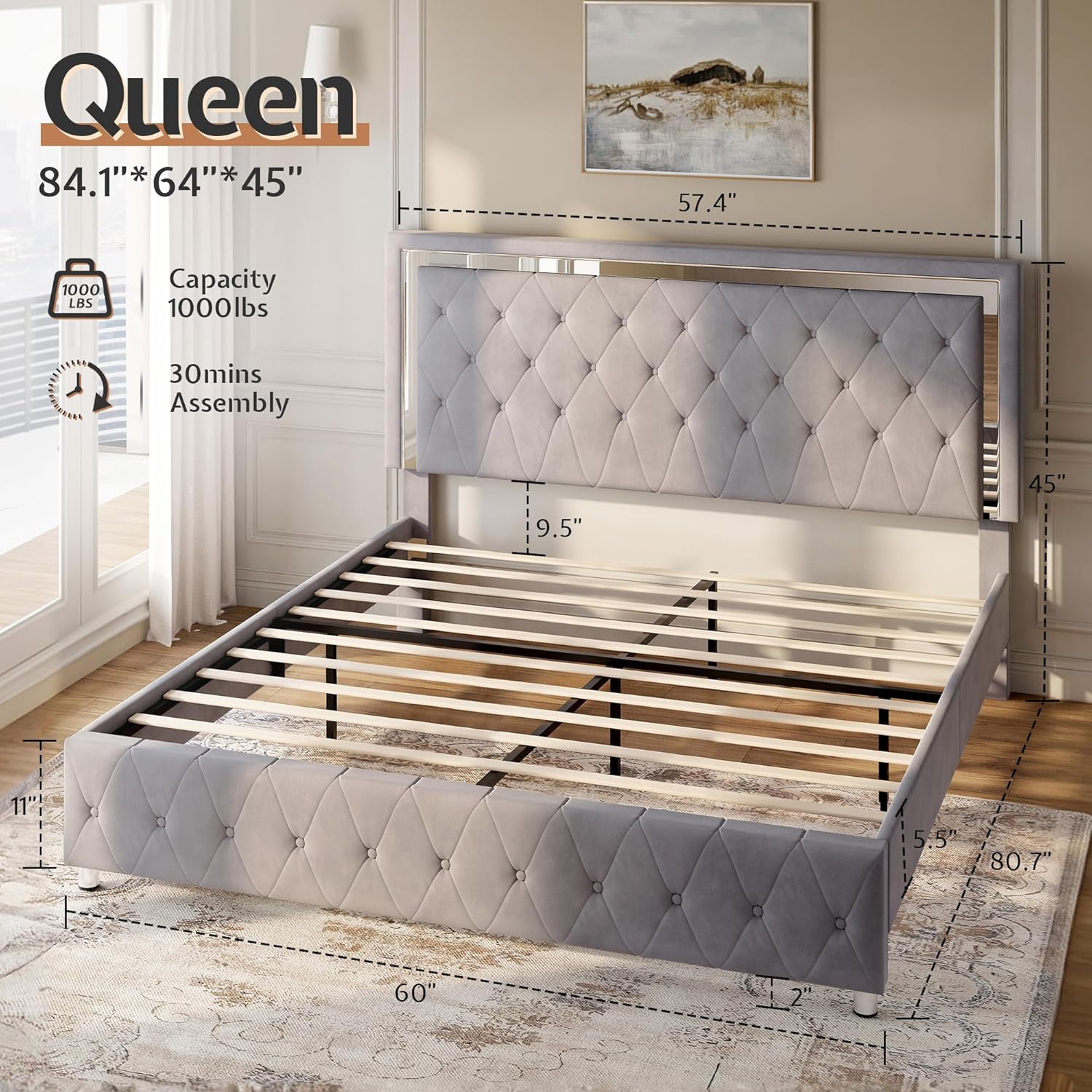 Unpacked bed frame components laid out on a floor with dimensions and capacity