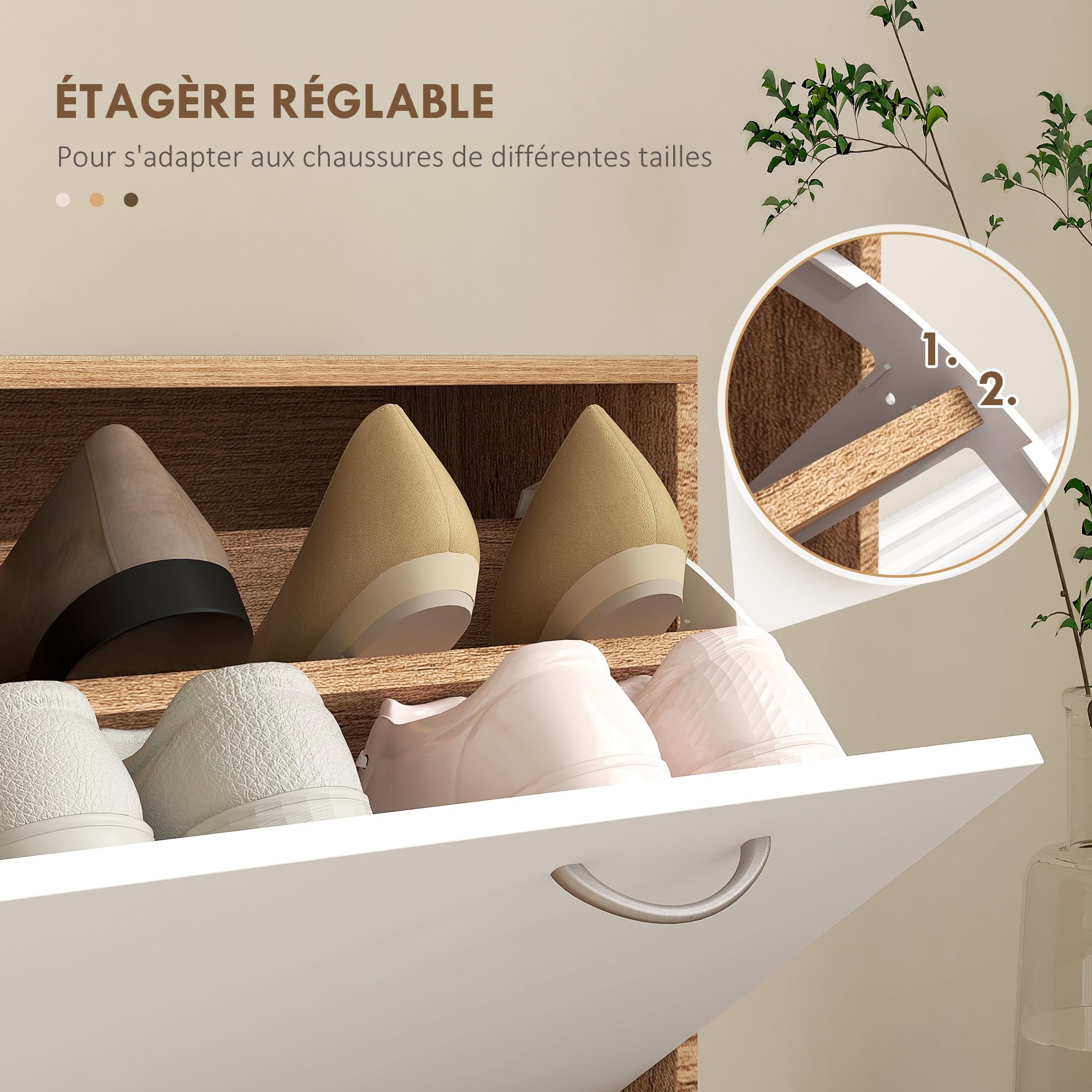 HOMCOM 3-in-1-Garderobenschrank mit Garderobenpaneel, Spiegel und Schuhbank - 6 Haken und verstellbares Regal, Walnussholz und Weiß